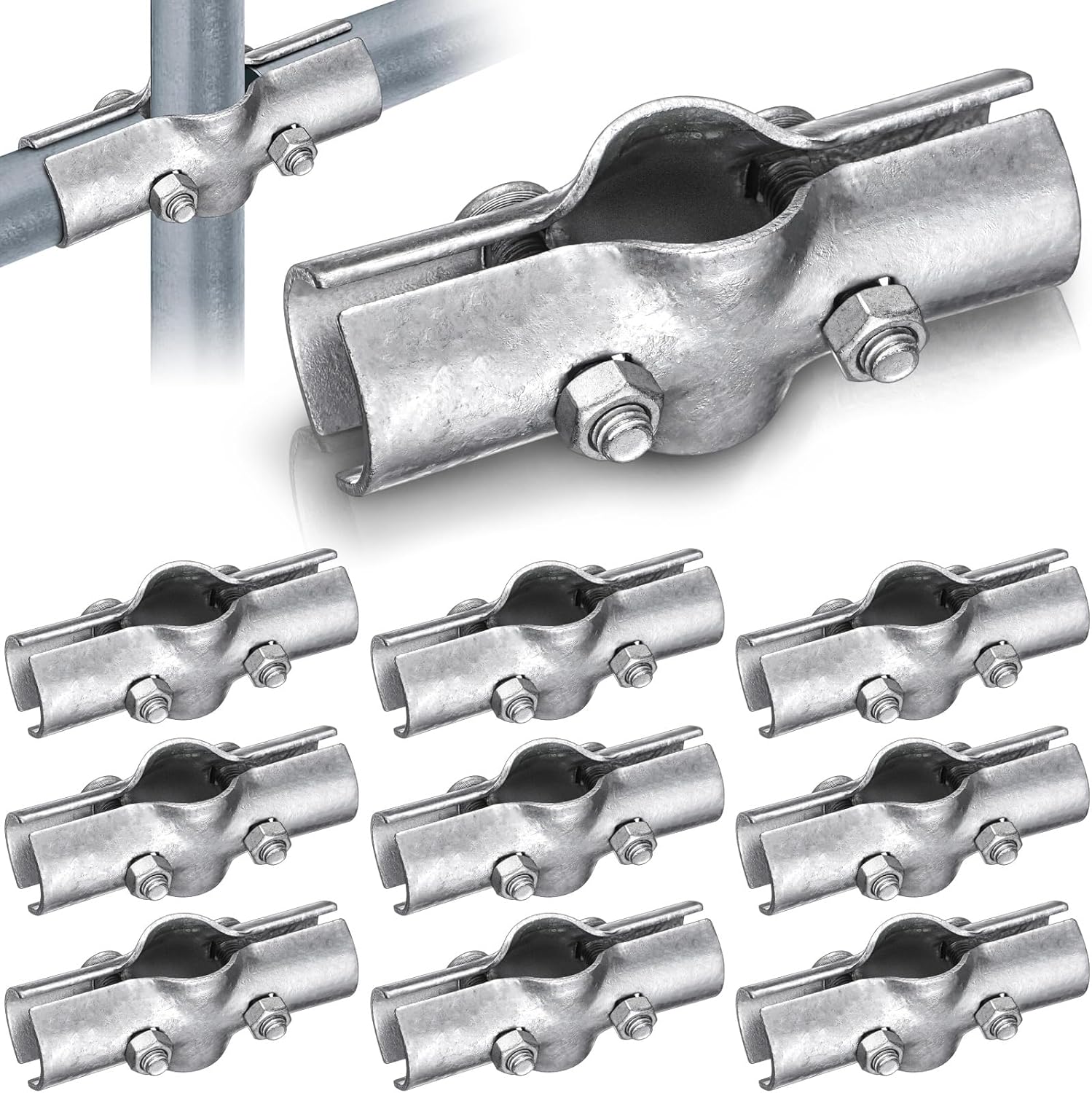 10 Pack 1-3/8 Line Rail Clamp for Chain Link Fence, Chain Link Fence Parts, 3 Way Cross Pipe Clamps Cross Grid Pipe Connector Clamps with Bolt Parts