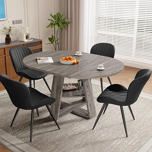 Miniatura 9 de Conjunto de mesa de comedor extensible redonda a ovalada Aivermel para 4–6, mesa de cocina de madera con almacenamiento oculto y sillas tapizadas,
