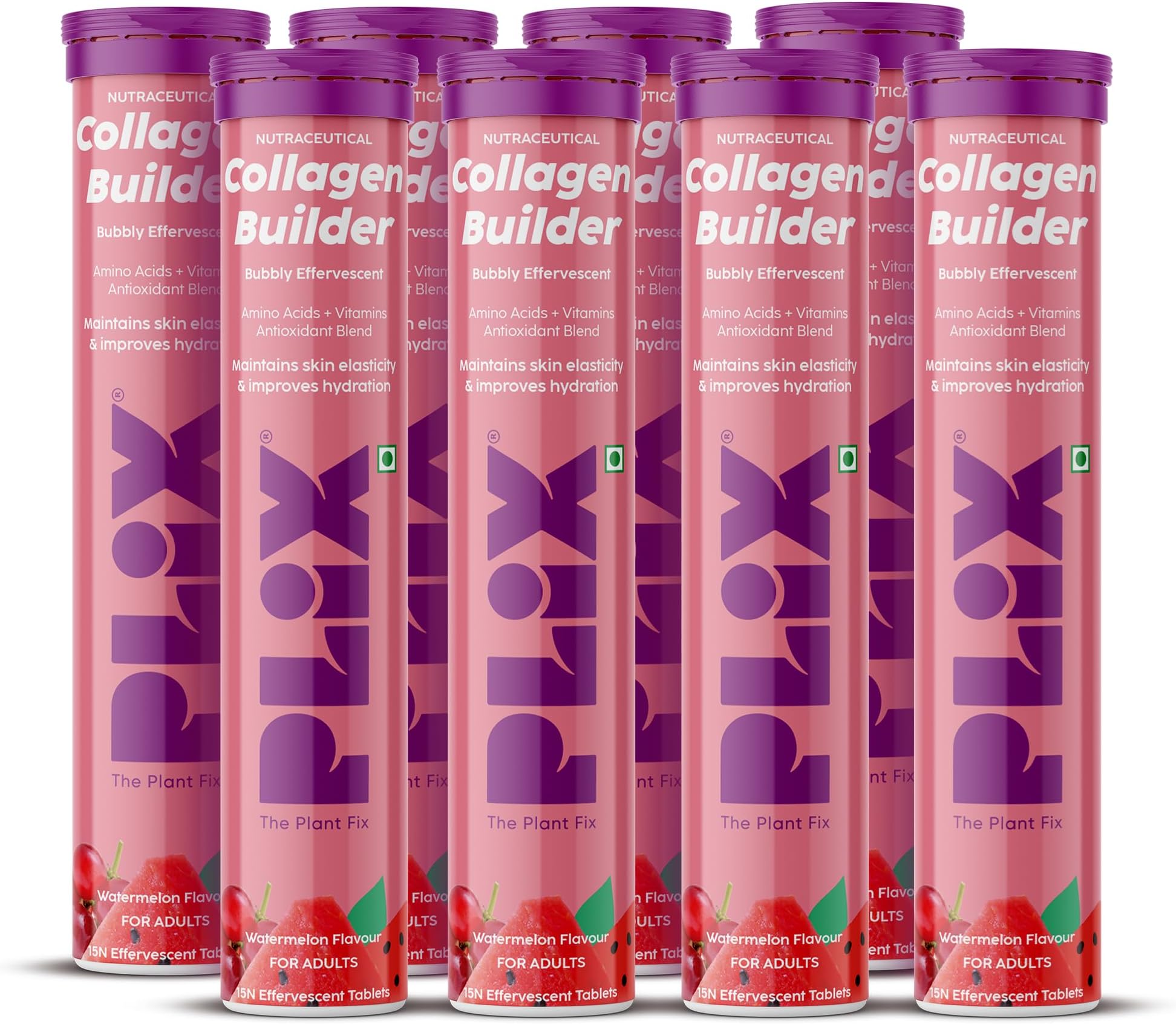 Collagen Builder Bubbly Effervescent - 15 Tablets (Pack of 8, Watermelon) for Hydrated Skin & Anti-Aging | Amino Acid Blend For Collagen Production | Vitamin C & E | 100% Vegan