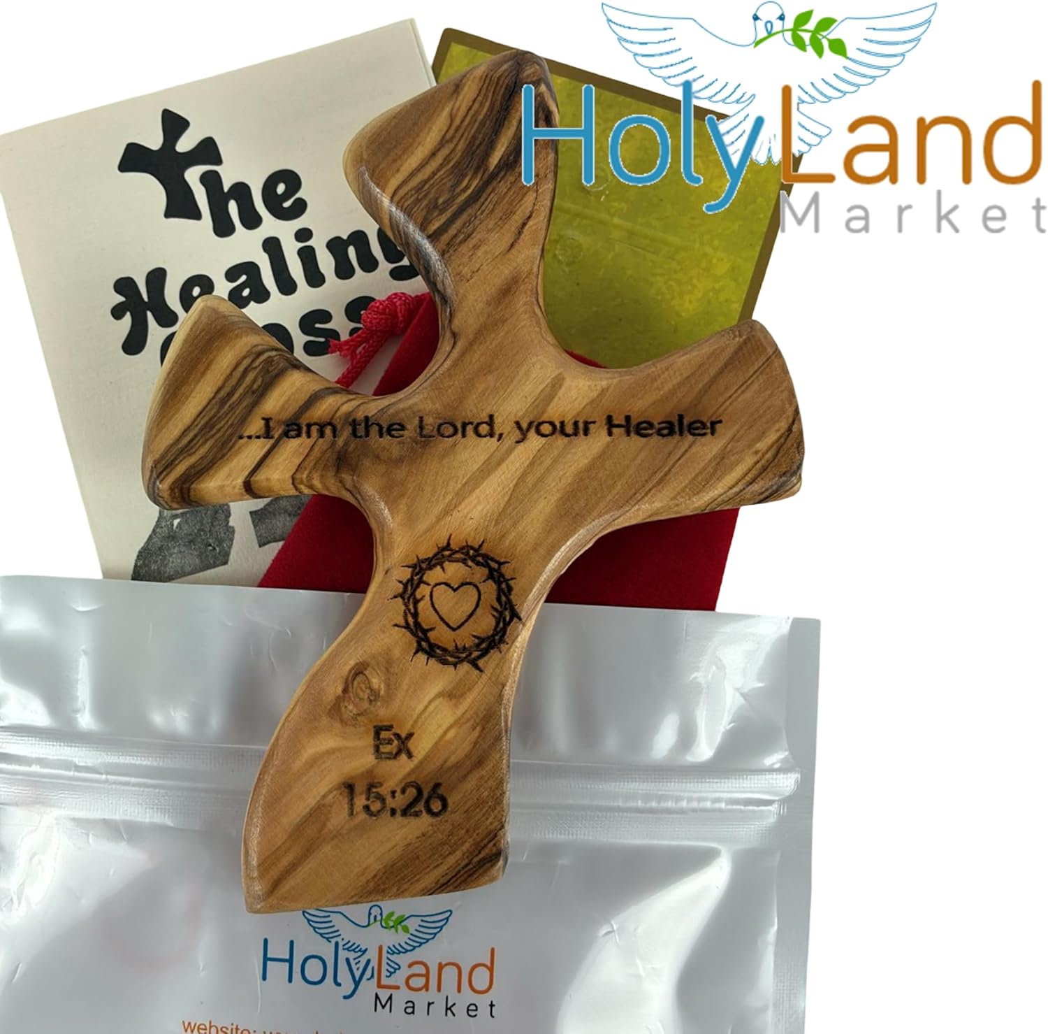 Holy Land Market Olive Wood Healing Cross - Complete Package with Prayers & Certificate, 4.5 x 3.6 in, Healing Hand Cross