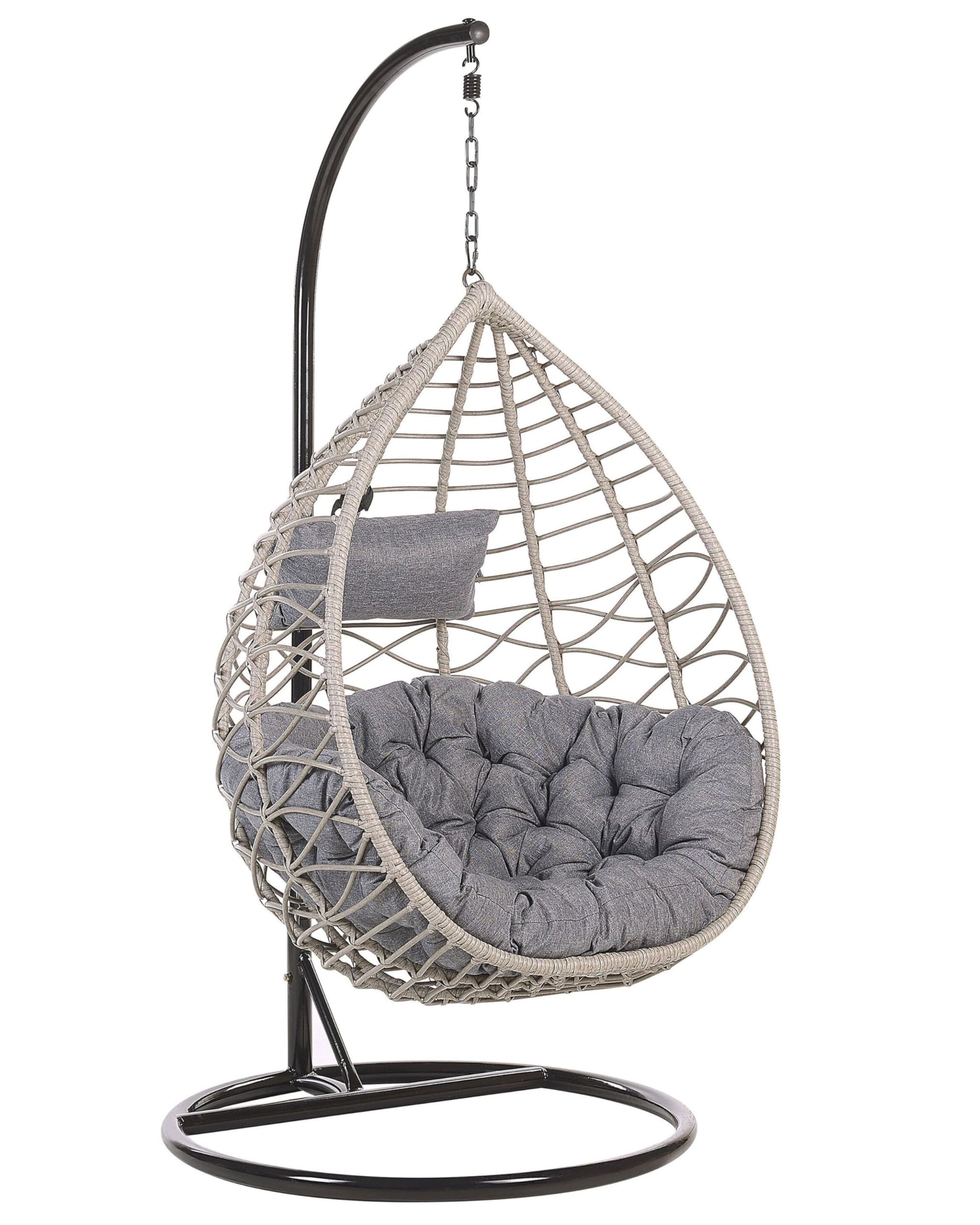 Fauteuil Suspendu en Rotin Gris avec Coussin et Support en Acier Noir pour Usage à l'Intérieur et Extérieur au Design Bohème Très Tendance Beliani
