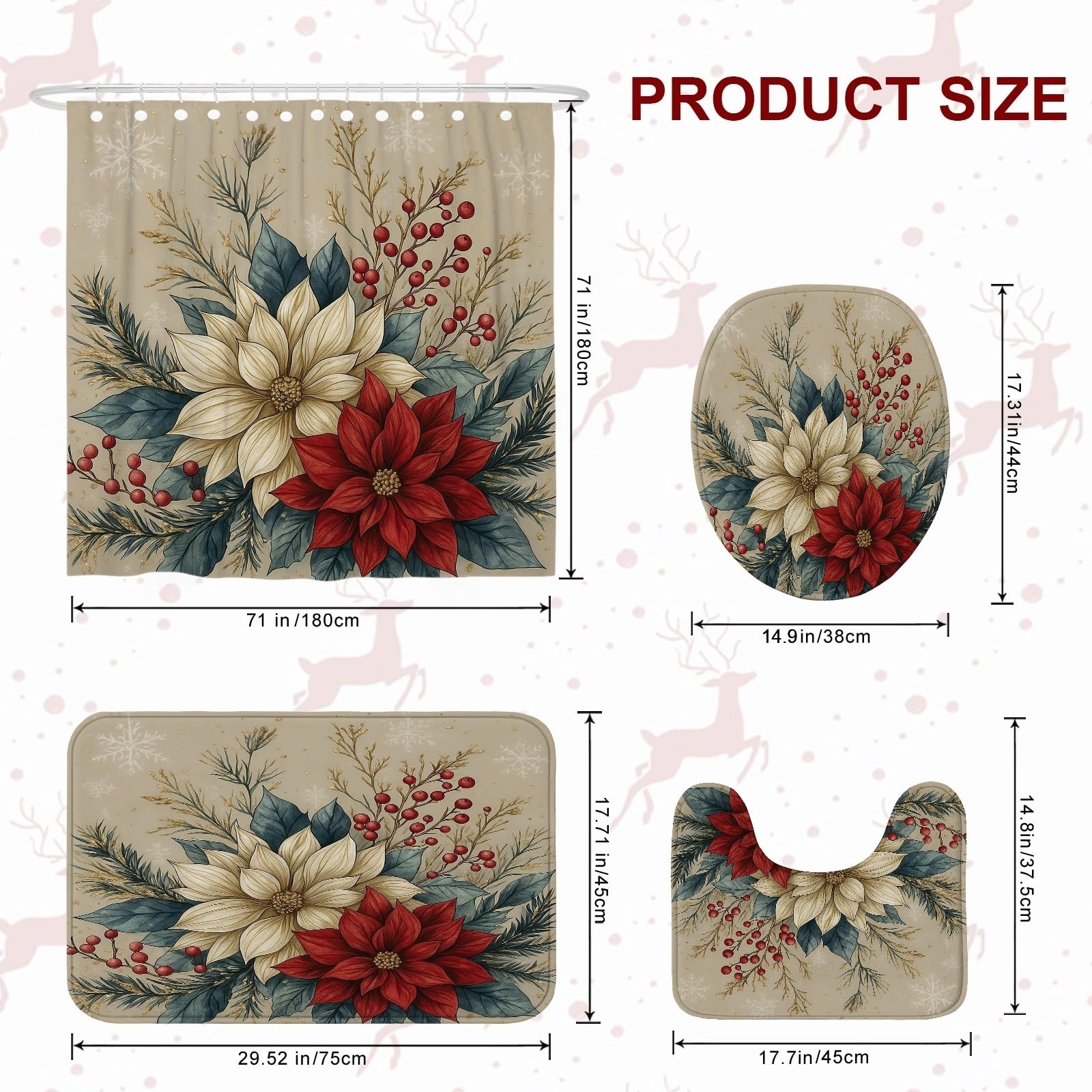 Set di 4 tende da doccia con motivo floreale, tappeto da bagno con motivo floreale rosso e crema, accessori per la decorazione del bagno, tenda da doccia moderna in tessuto impermeabile verde