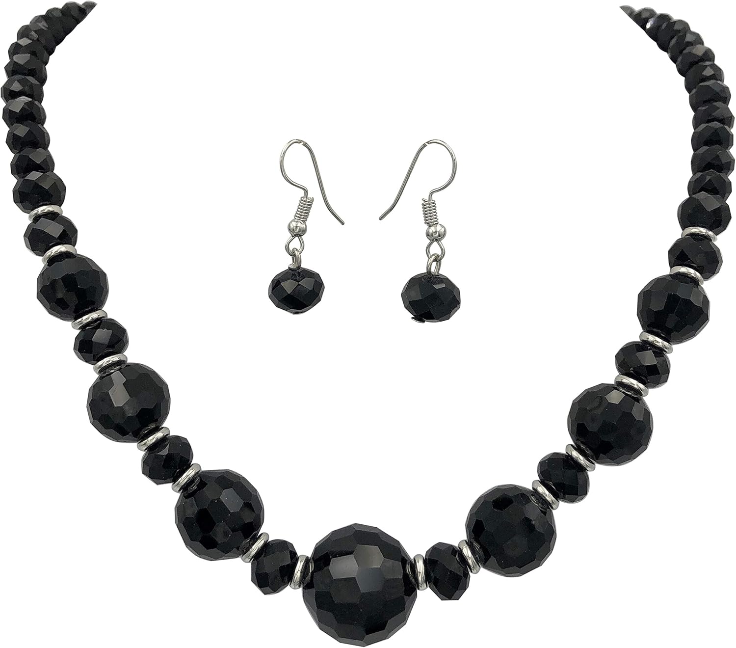 Gypsy Jewels Beveled Glass Beads Single Strand Simple Statement Necklace & Dangle Earrings Set (Black)