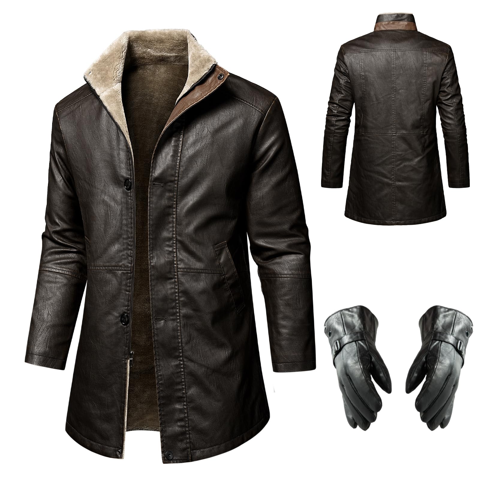 Cazadora Cuero Hombre, Talla Grande de Solapa Cazadora Cuero Invierno Larga Cálido Chaqueta Cuero Chaqueta Polipiel con Guantes de Cuero