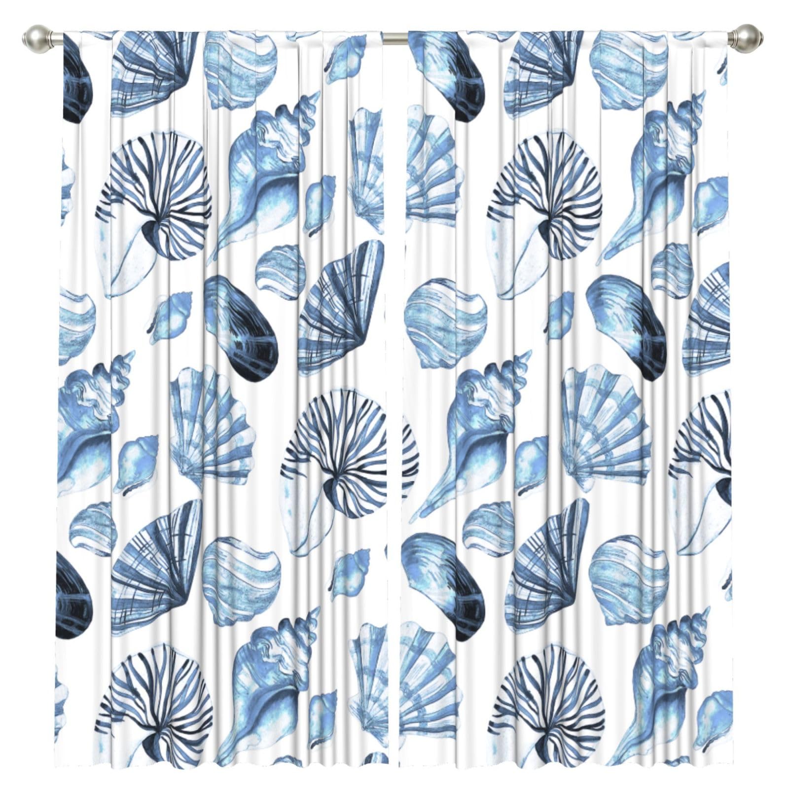 InOmak Blue Seashells Pattern On White, 2 Panels Window Curtains 52 x 84 Inch Blackout Curtains for Living Room Bedroom