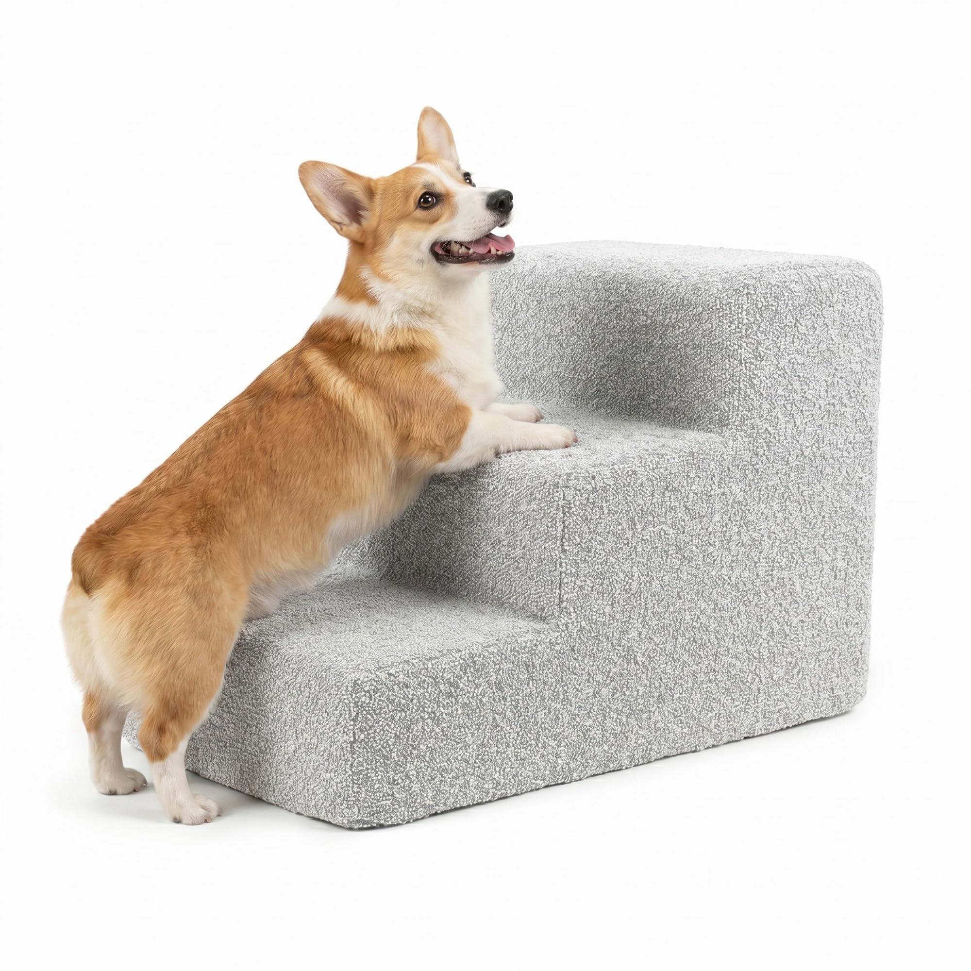 murando - Escalier pour Chien et Chat Canapé et Lit 3 Marches - 30 cm - Escaliers pour Chiens - Marche pour Chien - Housse Amovible et Lavable - Robuste en Mousse Rampe pour Chiens - Bouclé - Gris