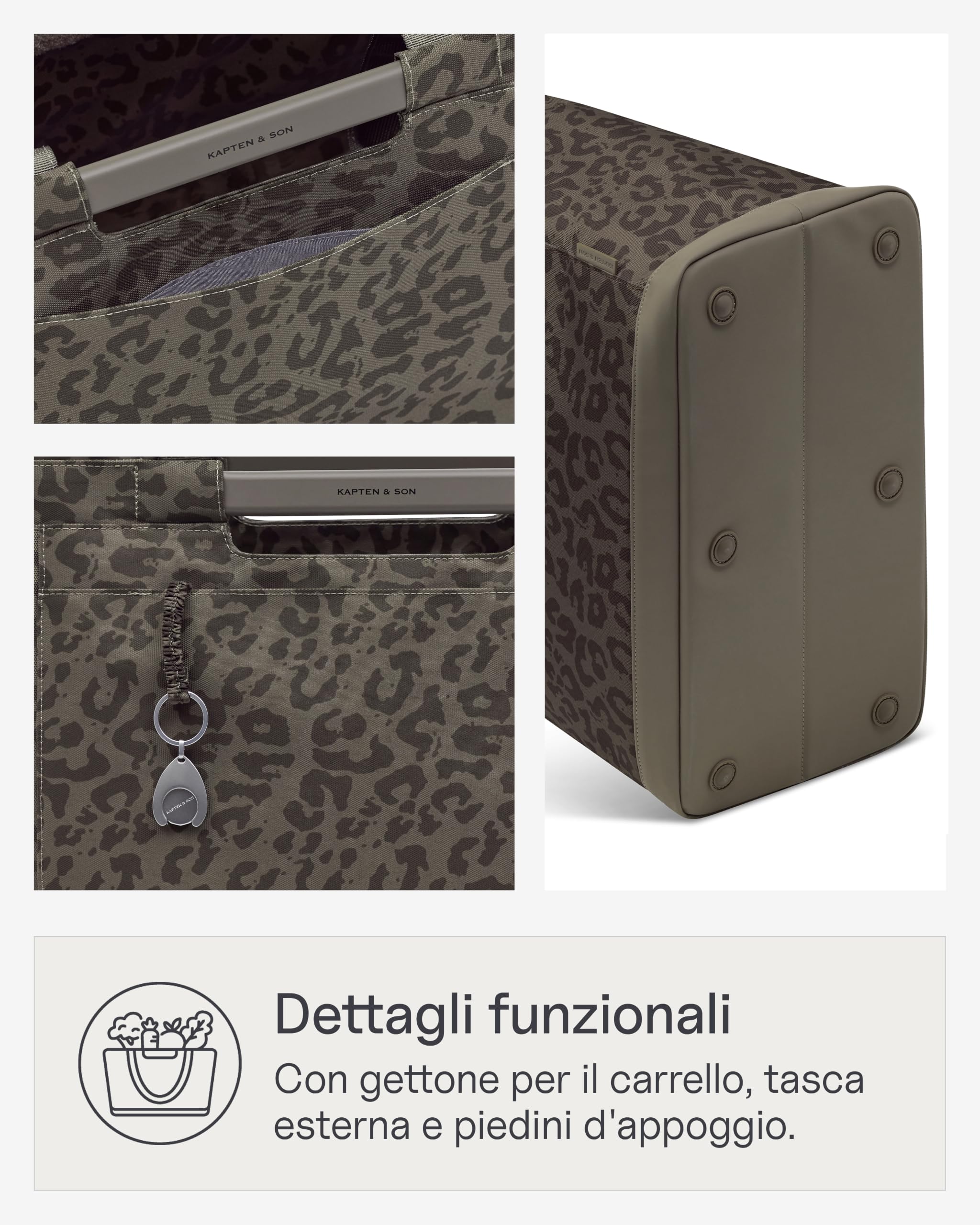 Kapten & Son Vaasa Borsa spesa pieghevole leo marrone 25 L | Cestino della spesa resistente | Chip per carrello della spesa e scomparto magnetico inclusi | Interno lavabile con un panno