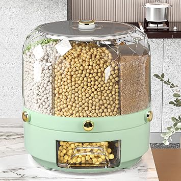 Rice and Grain Storage Container, 6KG Capacity 6 Grid Dispenser, 360 Rotatable Food Storage Container, One Click Button Dry Food Box for Cereal, Beans (Green)