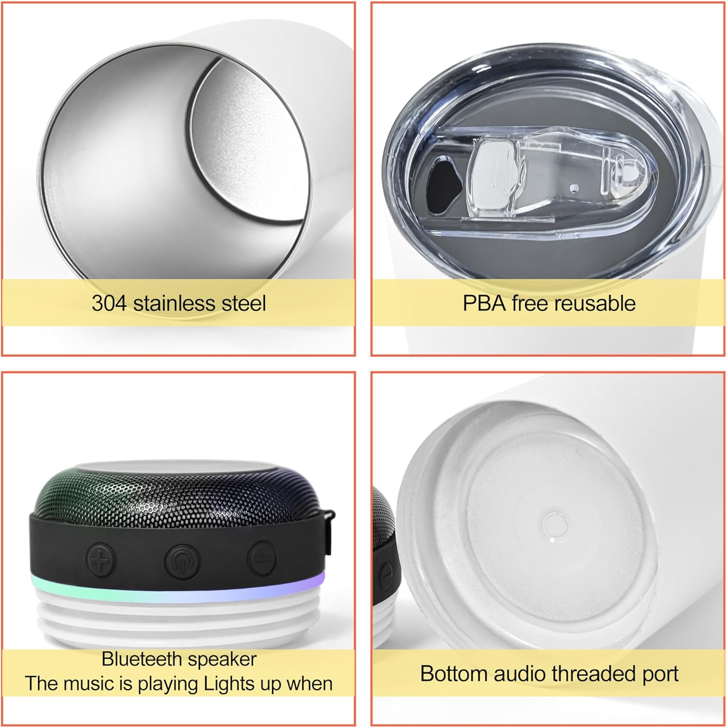 AGH 2 Pack Music Speaker Tumbler with Straw and Lid, 20oz Sublimation Skinny Stainless Steel Double Wall Cup with Detachable LED Light, Suitable for DIY Gifts (Black & Gray) - Image 2