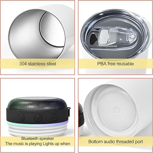 Miniatura 2 de AGH Paquete de 25 vasos con altavoz de música con popote y tapa, vaso de doble pared de acero inoxidable delgado de 20 onzas, vaso con luz LED