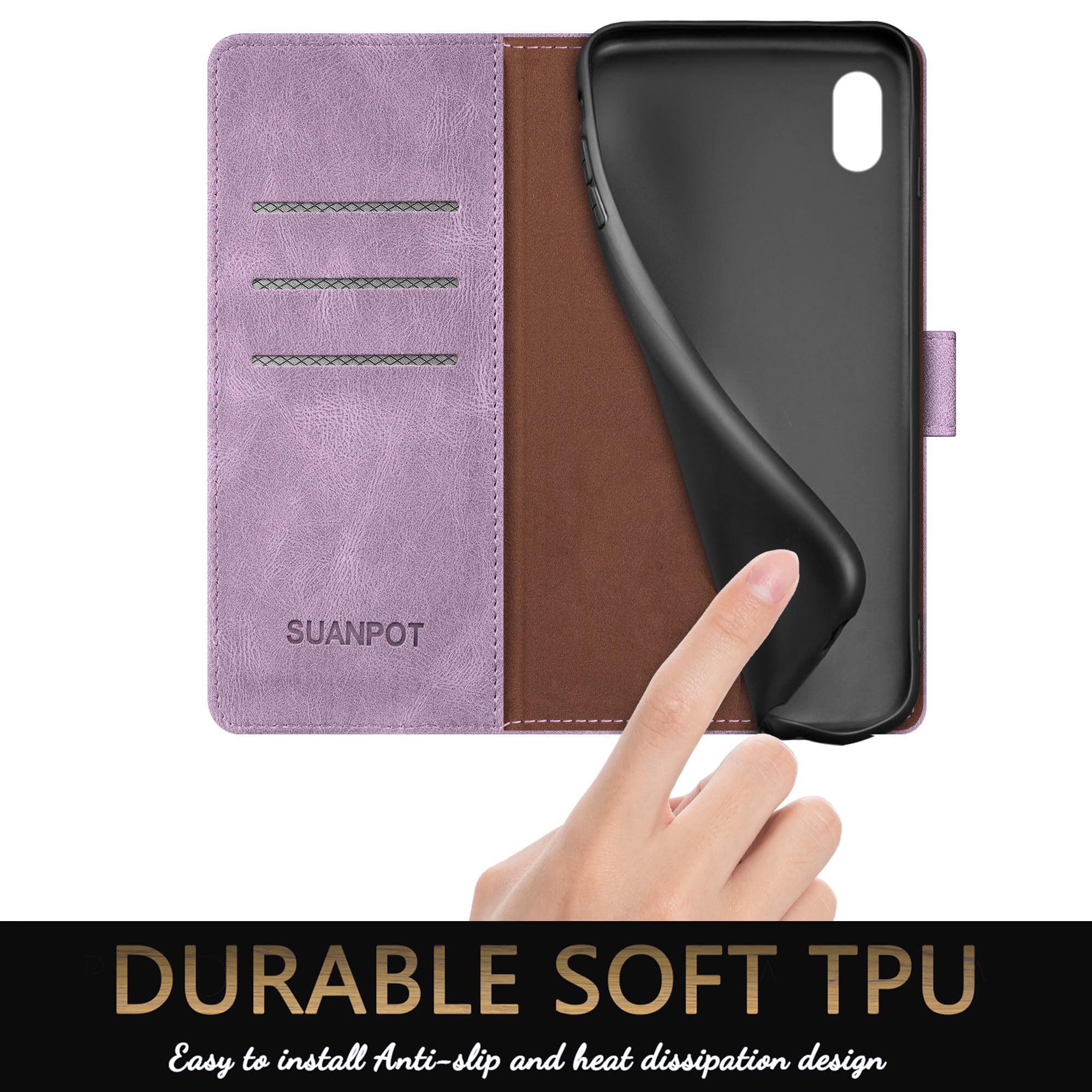 SUANPOT Funda para iPhone X/XS 5,8" con Tapa 【Bloqueo RFID】de Cuero PU Cierre Magnético，Soporte Plegable，Ranura para Tarjeta Cover Wallet Leather para Apple X/XS Phone Case Lila Violeta