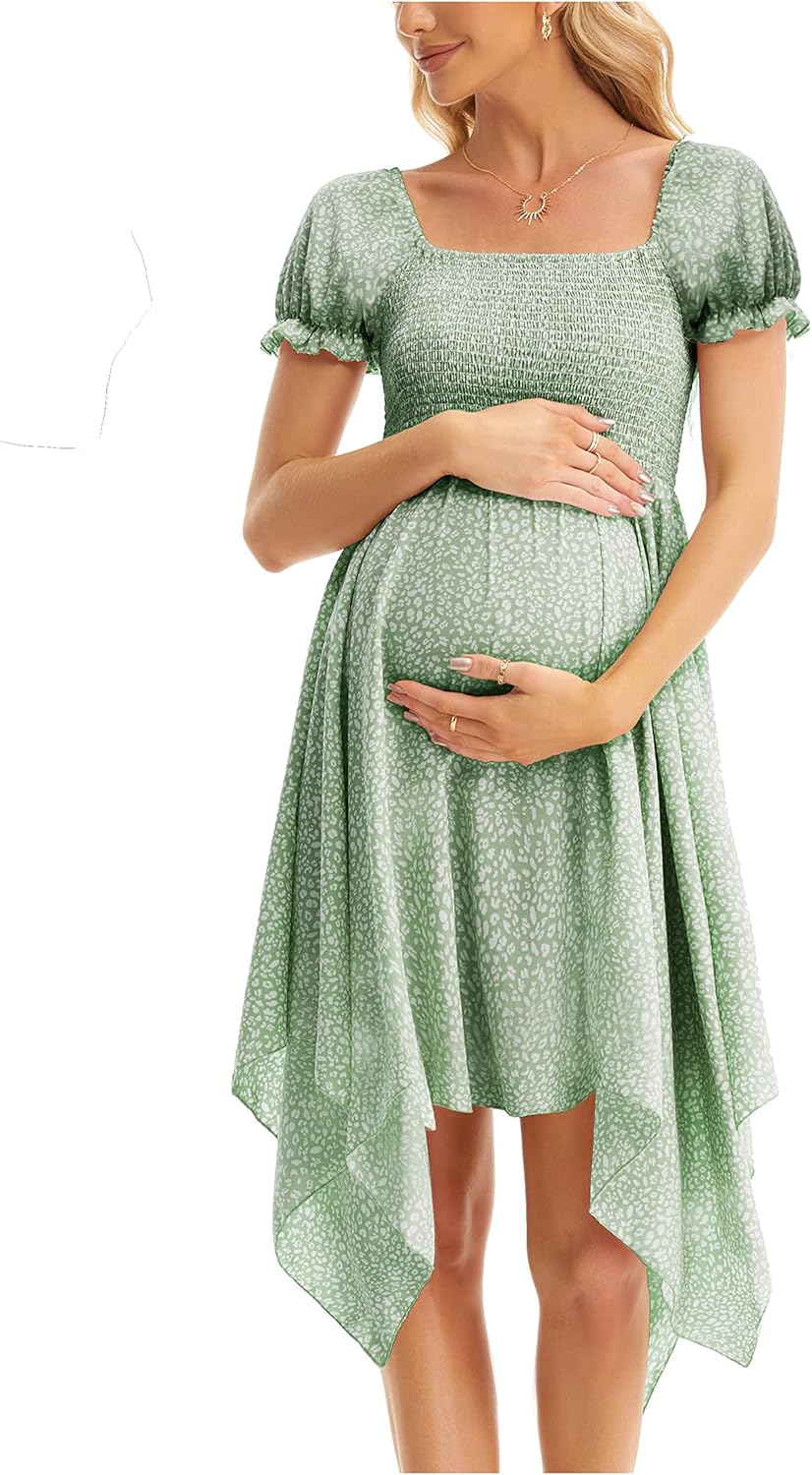 Maternity Summer Short Puff Sleeve Floral Maternity Dress, Square Neck Flowy Irregular Hem Baby Shower Dress