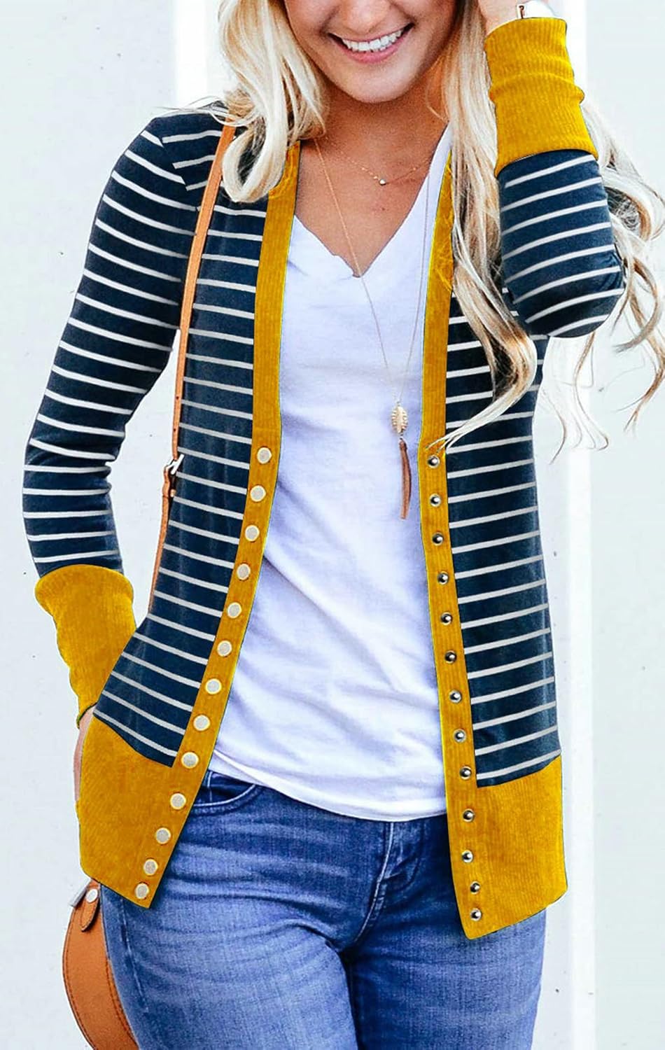 Faatoop Women's Button Down Knitwear Casual Long Sleeve V-Neck Open Front Striped Cardigan Sweater