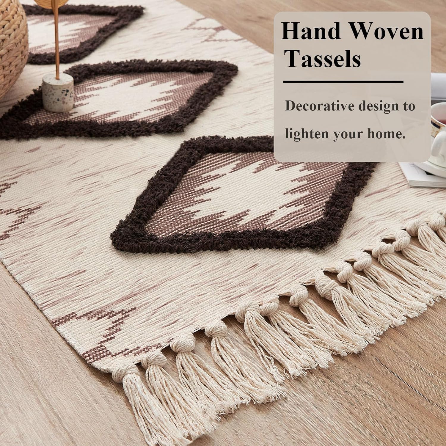 Boho Runner Rug 2'x6', Washable Hallway Farmhouse Area Rug, Kitchen Floor Mat with Tassels, Tufted Cotton Woven Entryway Carpet, Brown