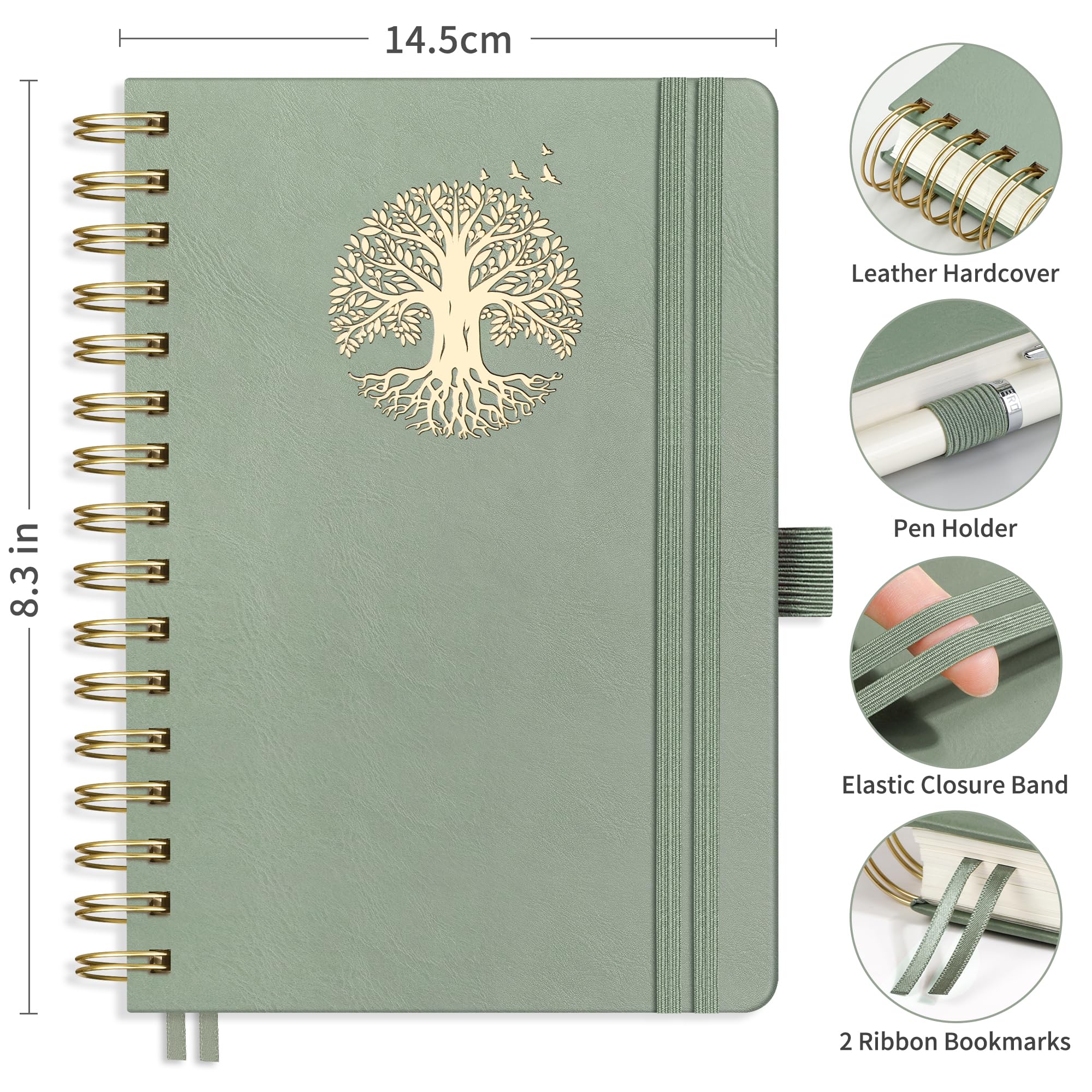 RETTACY A5 Notebook-Spiral Bound Notebook Journal for Men,Lined 300 Pages Hardback Leather Note Pad with 100gsm Thick Paper for Writing,Inner Pocket,Sticky Notes,14.5 x 20.7cm -LightGreen - Image 2