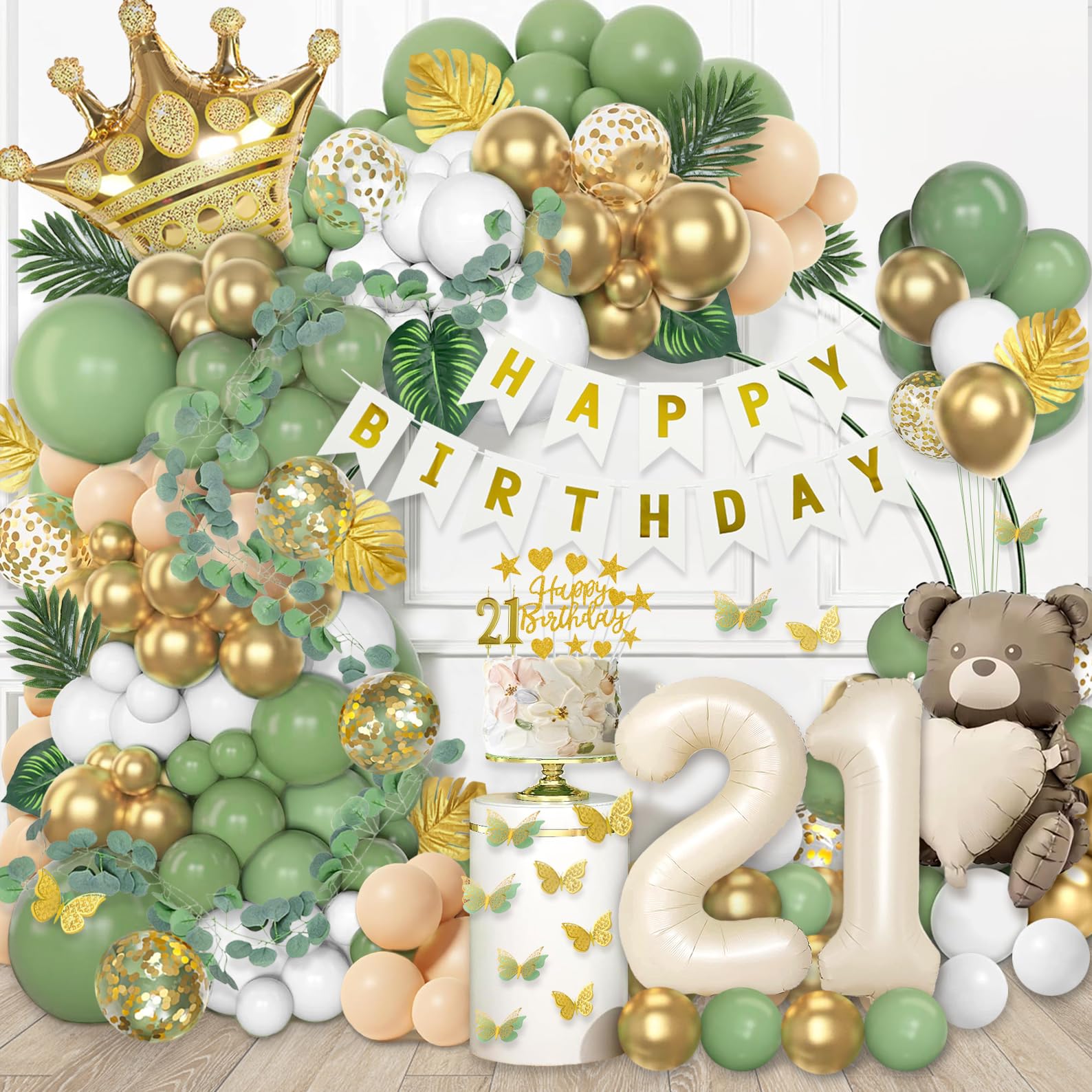 Happy 21st Birthday Decoration for Her, Sage Green 21st Birthday Decoration, 5 colors Ballon Arch, 3D Butterfly, Artificial Leaves, Megali Vines, Gold