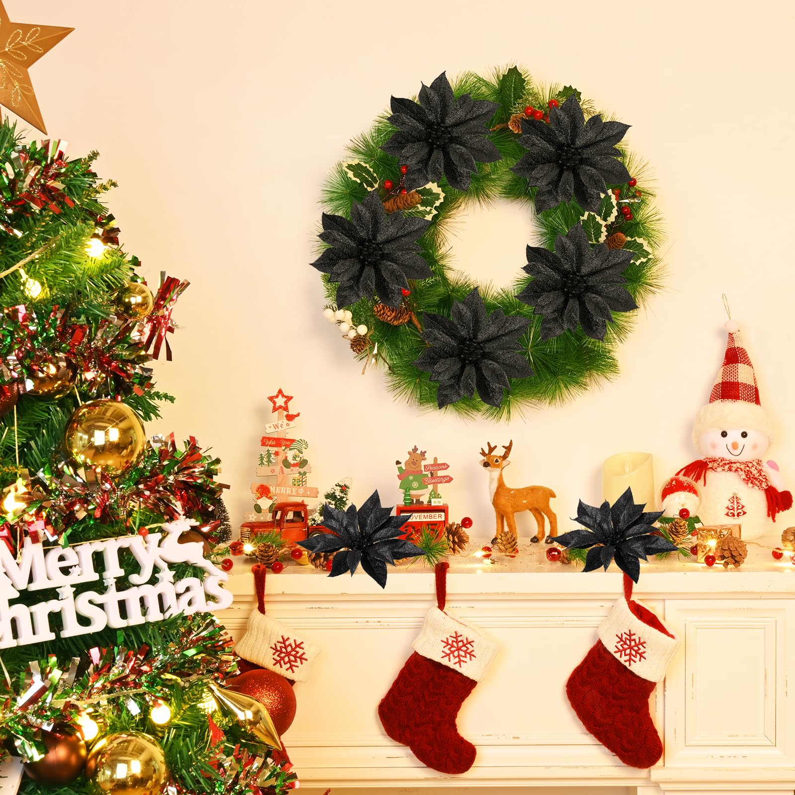 Amazon｜BLEUM CADE ブラックポインセチアクリスマスデコレーション24