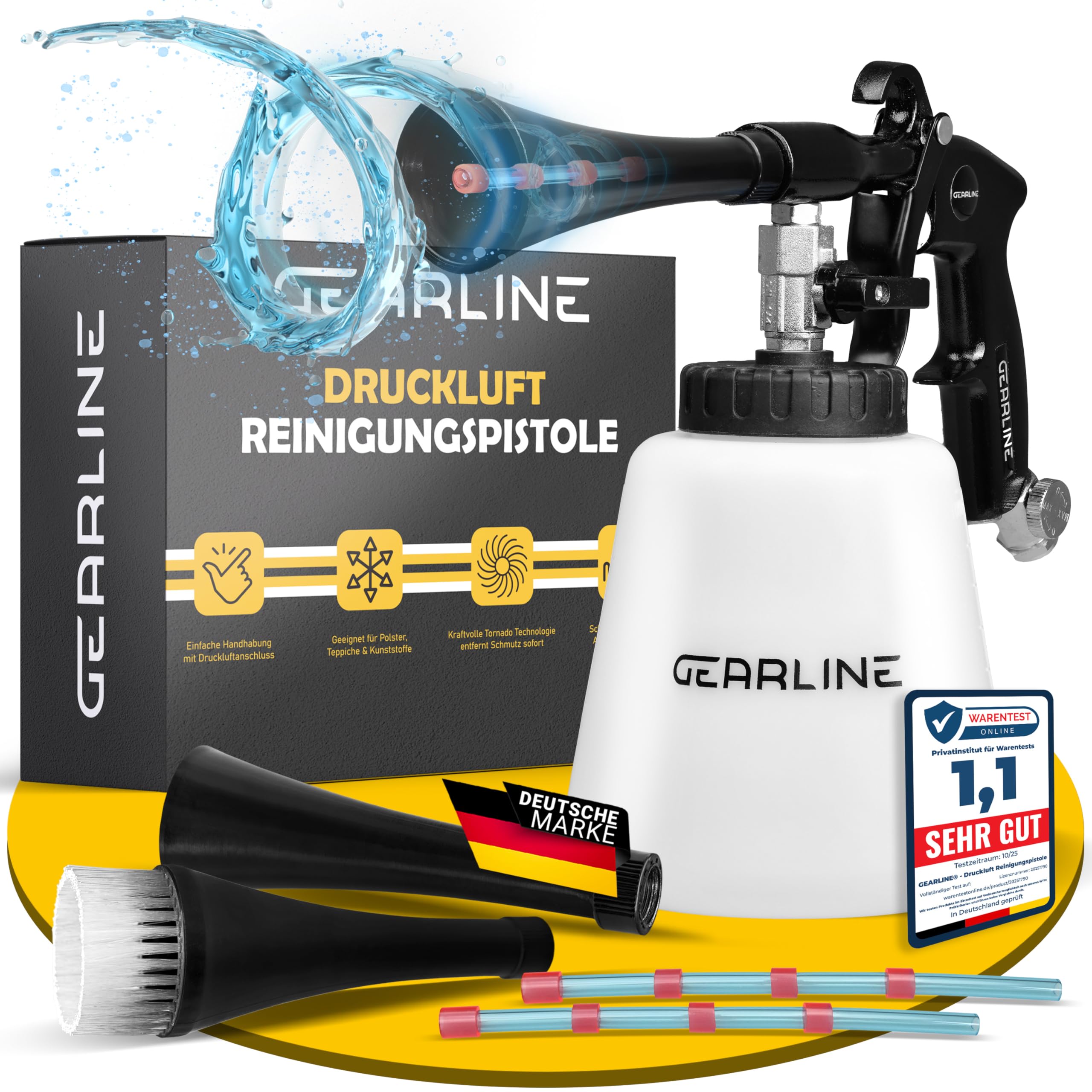 GEARLINE® Druckluft Reinigungspistole [mit Wirbelstrahl-Technik] - effektive Luftdruckpistole für Autoreinigung & mehr - All-in-One-Set mit Druckluftpistole, Wassertank & 2 Düsen-Aufsätzen