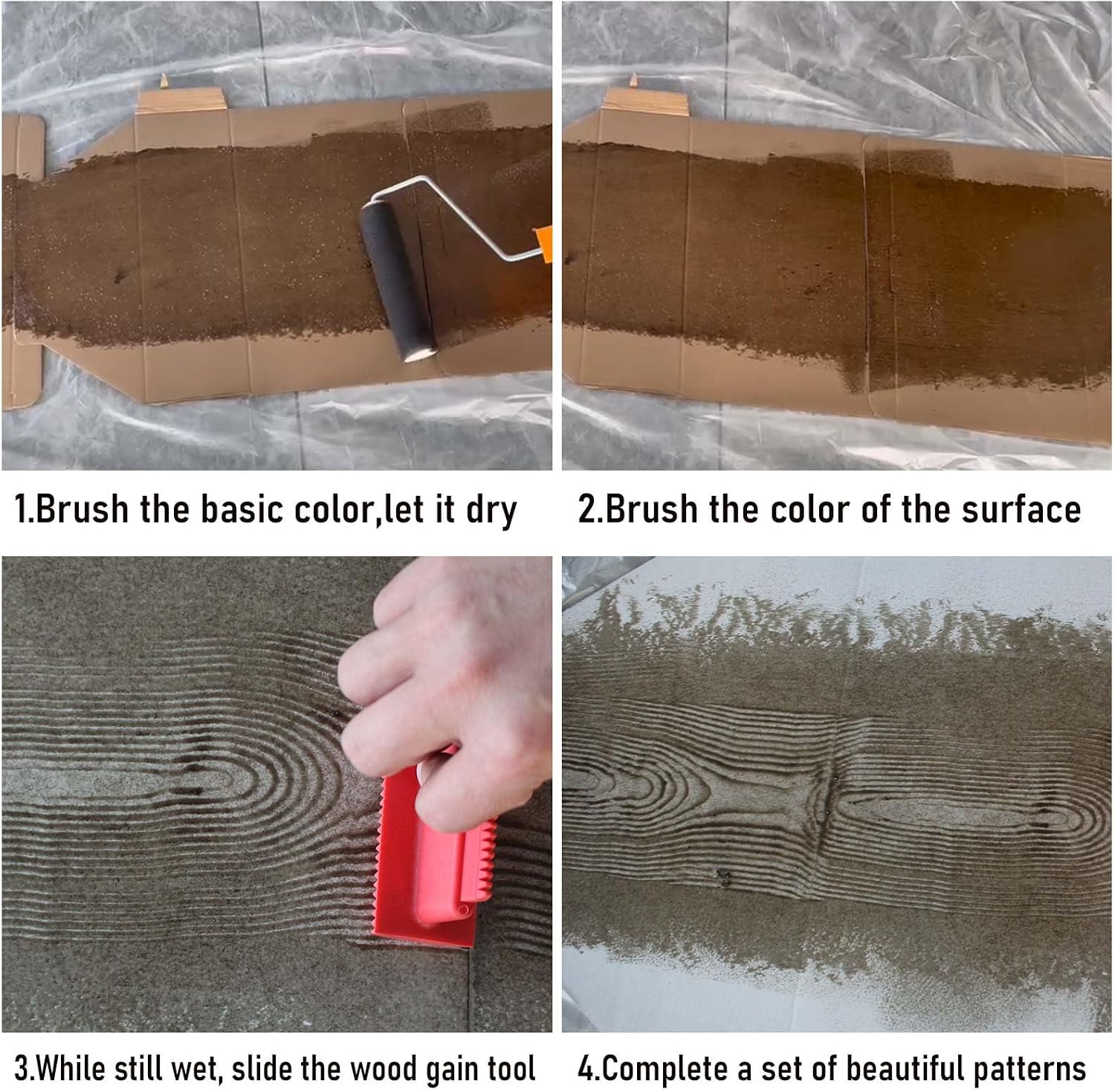 4-Pack Wood Grain Tool, Wood Graining Roller Painting Tool | with Handle, Rubber Empaistic Wood Texture Painting Tool Set for DIY Wall Room Art Paint Decoration