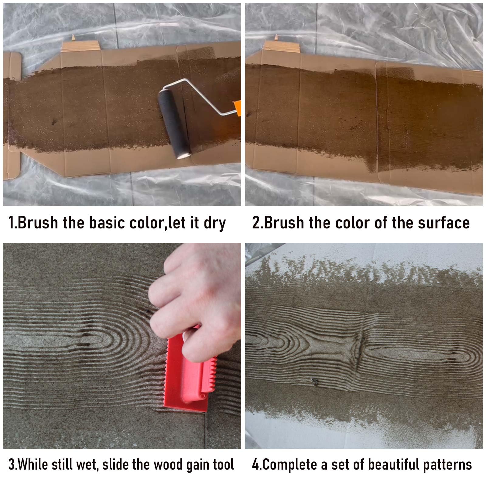 Paquete de 4 herramientas de grano de madera, herramienta de pintura de rodillo de grano de madera con mango, juego de herramientas de pintura de textura de madera empaista de goma para decoración de