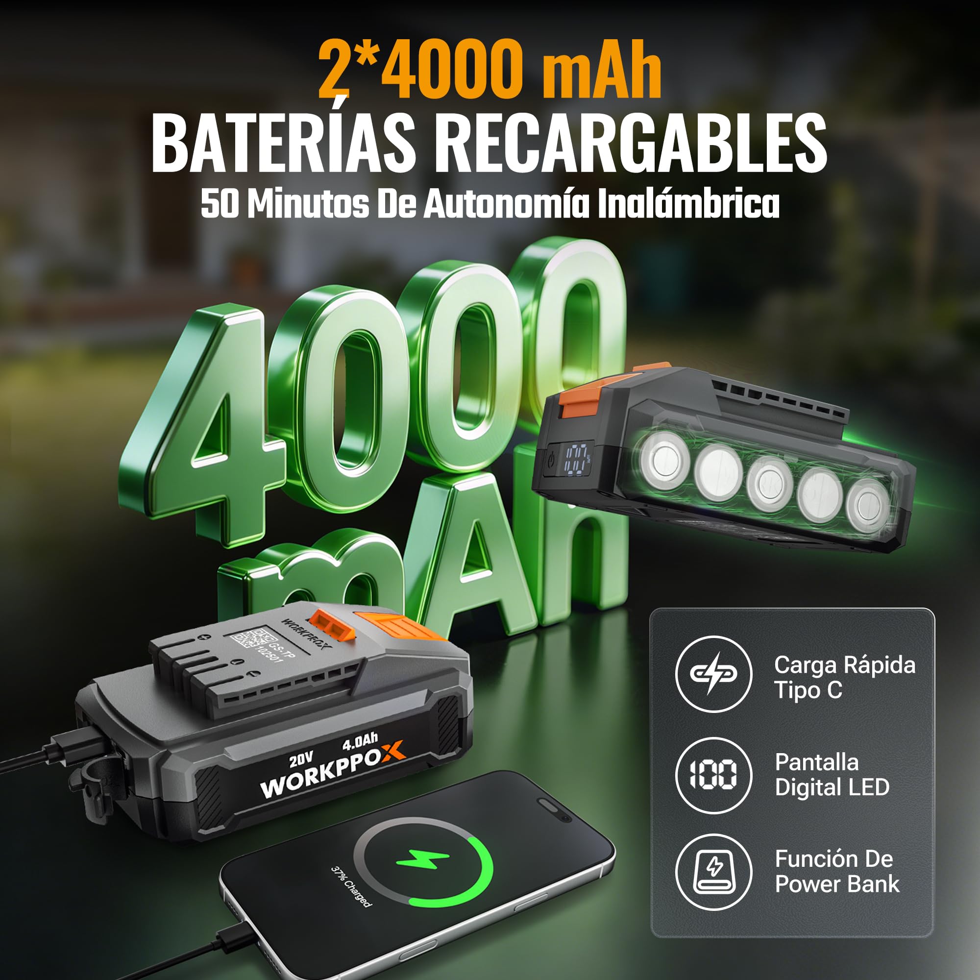WORKPROX Motoazada Eléctrica a Batería 40V con 2×4,0Ah, Cultivador de Jardín Inalámbrico, Ancho de Trabajo 30 cm, Profundidad 20 cm, Ruedas Ajustables, Mango Plegable