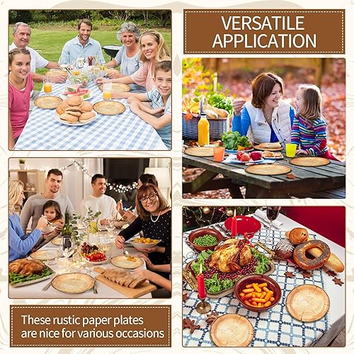 Miniatura 6 de 100 platos de papel de grano de madera de 7 x 9 pulgadas, plato de madera rústica, redondo, desechable, para bosque, baby shower, leñador,