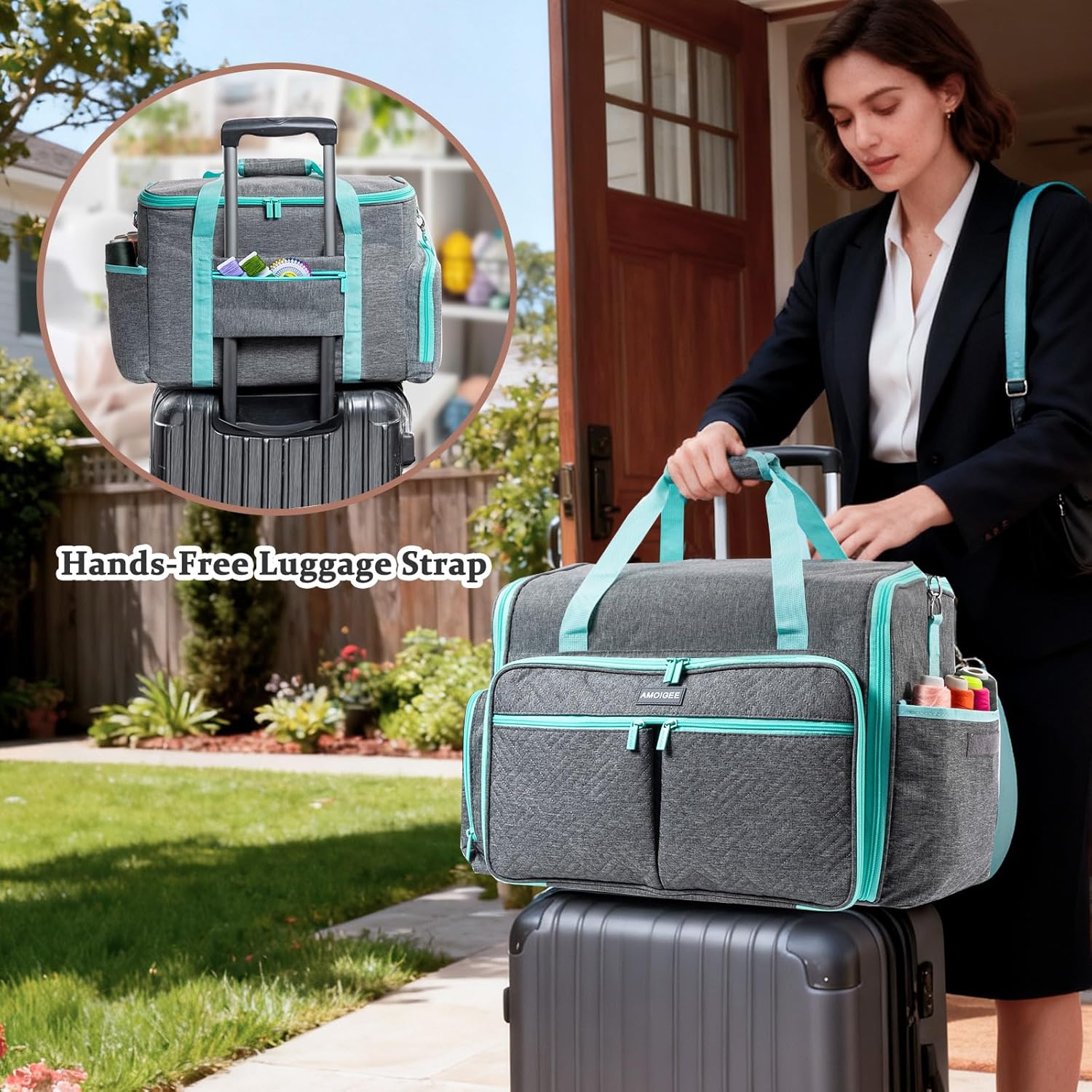 AMOIGEE Full-Open Sewing Machine Case with Wheels, Large Rolling Sewing Machine Bag with Detachable Foldable Dolly, Heavy-Duty Embroidery Tote for Brother Singer Janome Standard Machines Storage