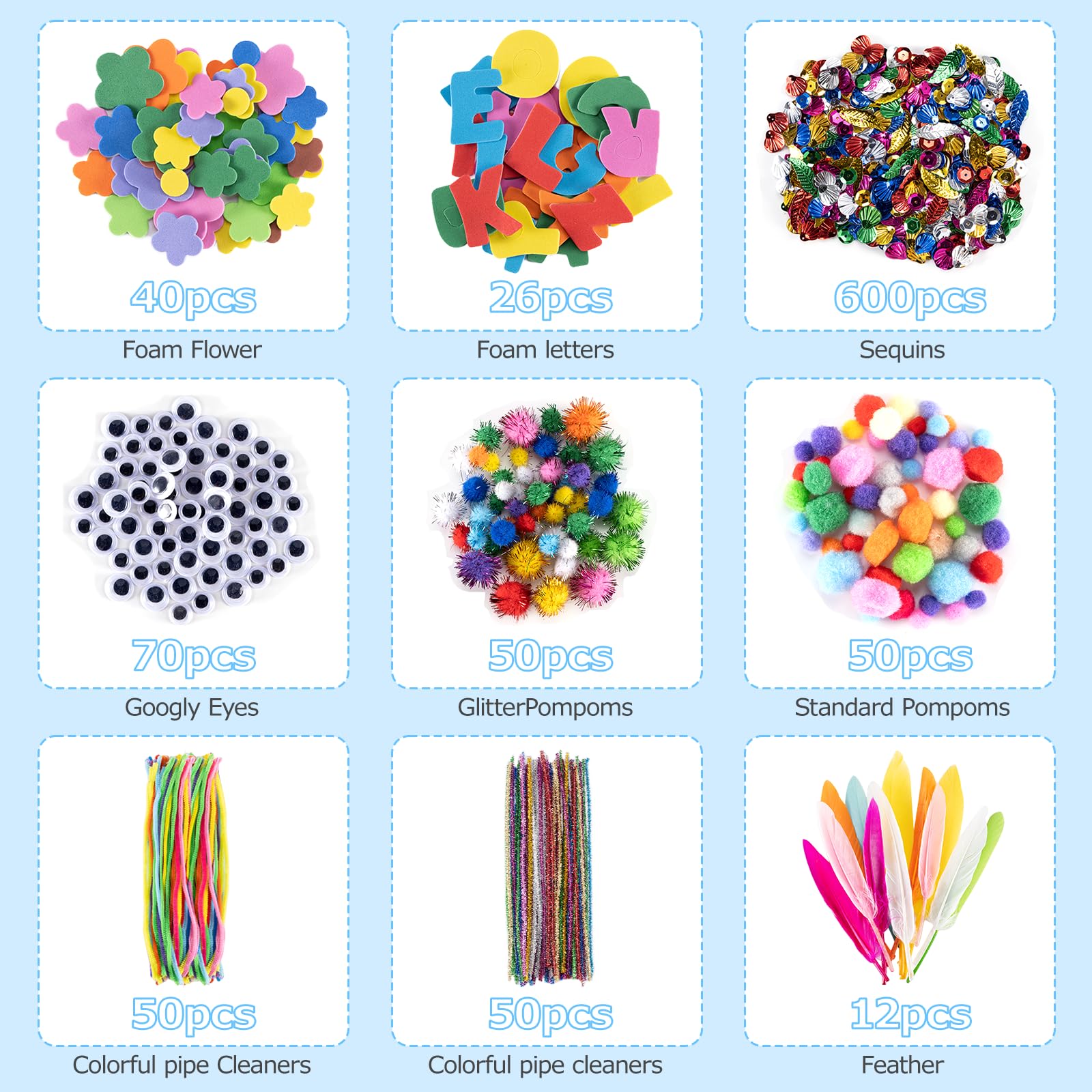 Carehabi Mallette de bricolage pour enfants, 1800 pièces, kit de bricolage pour enfants, accessoires de bricolage, scrapbooking, cure-pipes, pompons, plumes, perles, yeux mobiles, paillettes