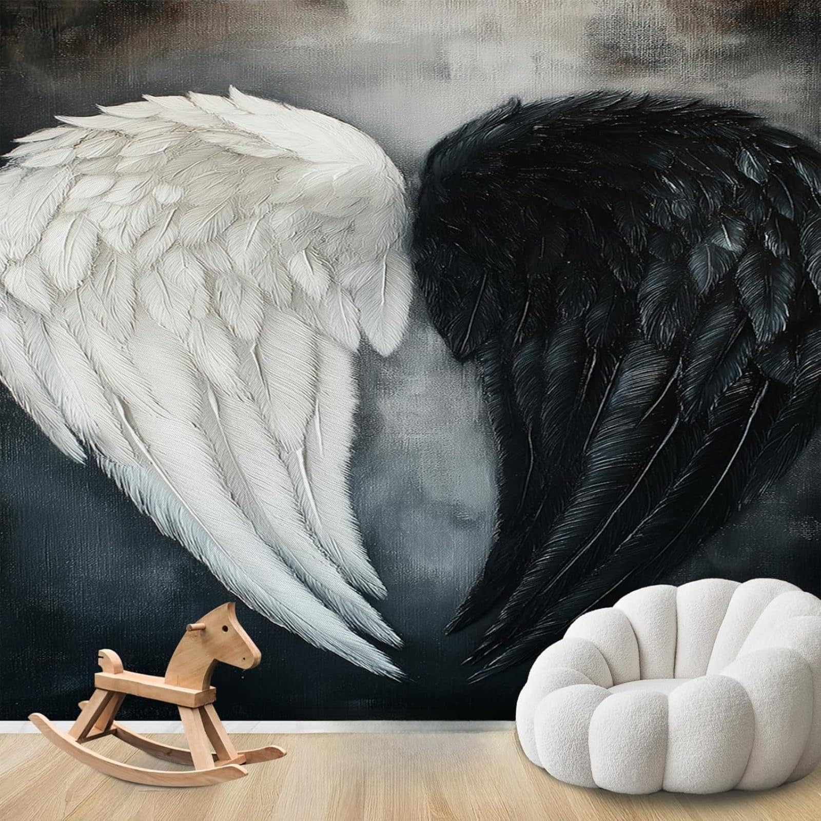 hgjdjhnf Angel Wings Wallpaper Gothic Black and White Non-Woven Modern Wallpaper for Living Room Bedroom Kids Room Wall Decor 350cm x 256cm