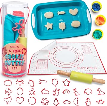 Baketivity Kids Cookie Cutter Set with 24 Assorted Cookie Cutters Shapes | Includes Rolling Pin, Silicone Baking Pan, and Non-Stick Baking Mat, BPA-Free, Seasonal, and Holiday Themes for Ages 4+