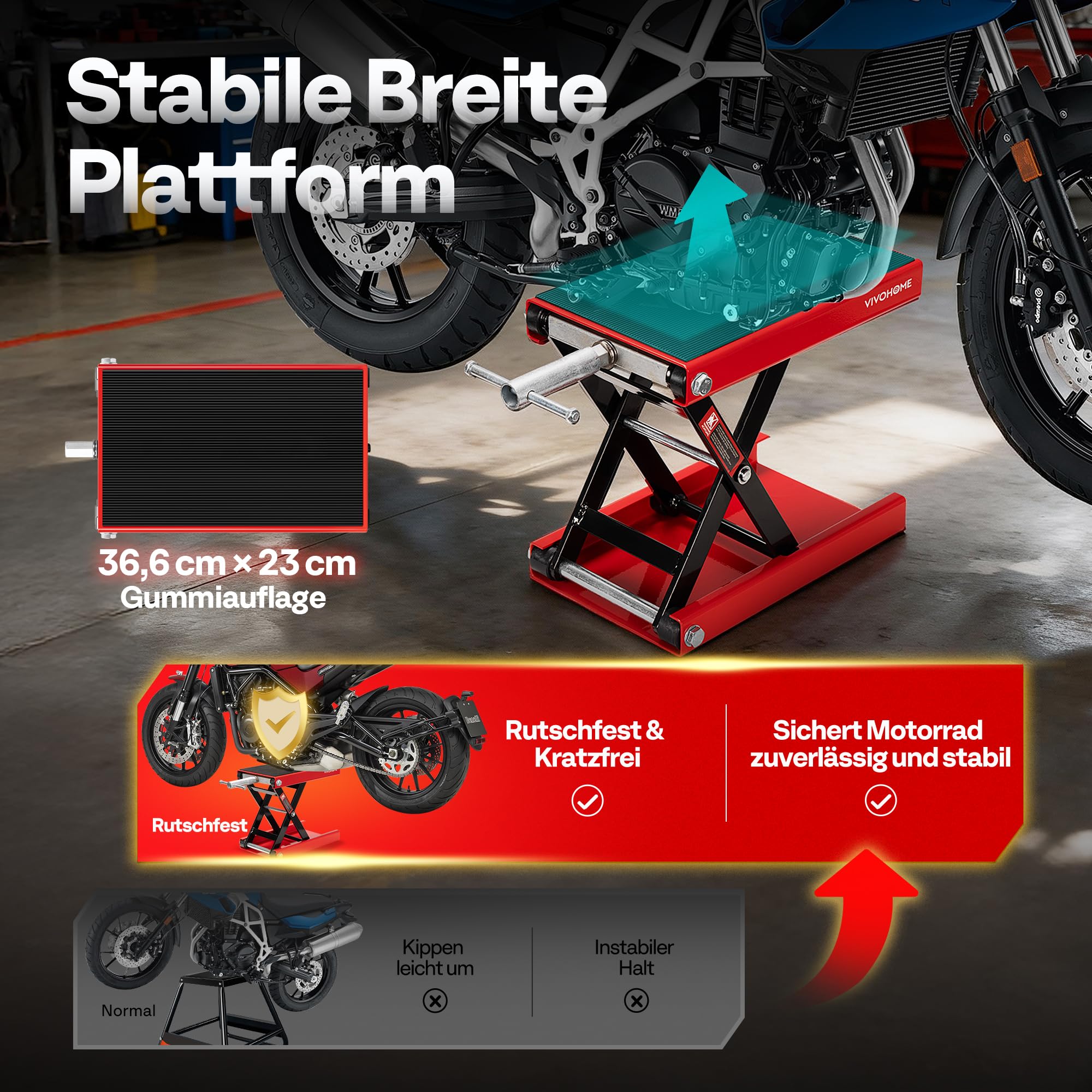 VIVOHOME Motorradhebebühne 500kg Scherenwagenheber aus Stahl Motorradheber mit breites Deck und Kurbel für Motorräder Geländefahrzeuge Dirtbikes
