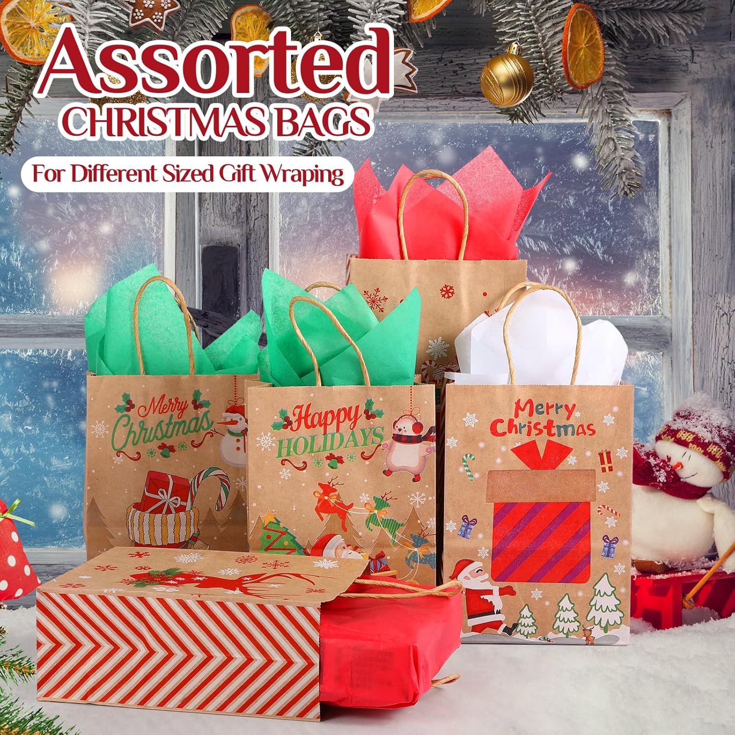 Fulmoon 60 Pcs Christmas Paper Gift Bags Bulk with Tissue Paper 8.3 x 6 x 3.1 Inch Small Holiday Party Favor Goodie Bags with Handle Assorted Christmas Design for Holiday Presents Wrapping (Rustic) - Image 5