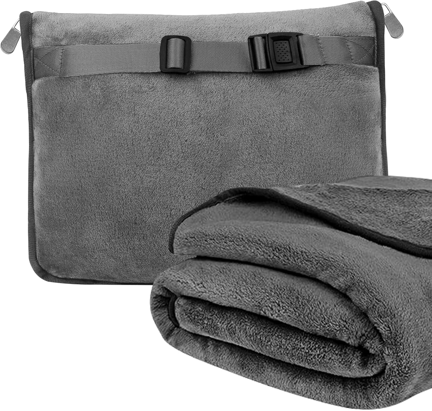 PRITOK 2 in 1 Airplane Blanket Set: Packable Soft Travel Blanket Pillow, Flannel Travel Blanket Pillow, Portable Travel Blanket and Pillow with Luggage Sleeve and Backpack Clip (Grey)