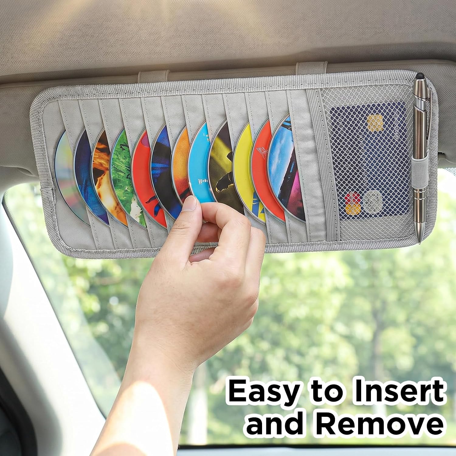1 Pcs Car CD Holder, CD Visor Holders for Car with 12 Sleeves, 1 Mesh Pocket & Pen Holder, Vehicle Sun Visor Storage Organizer for DVD Discs (Grey)