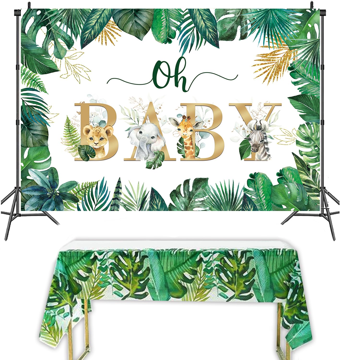Jungle Safari Animal Backdrop Tablecloths 2PCS Oh Baby Gold Green Leaves Photo Background Safari Baby Shower Boy Girl Birthday Party Decorations
