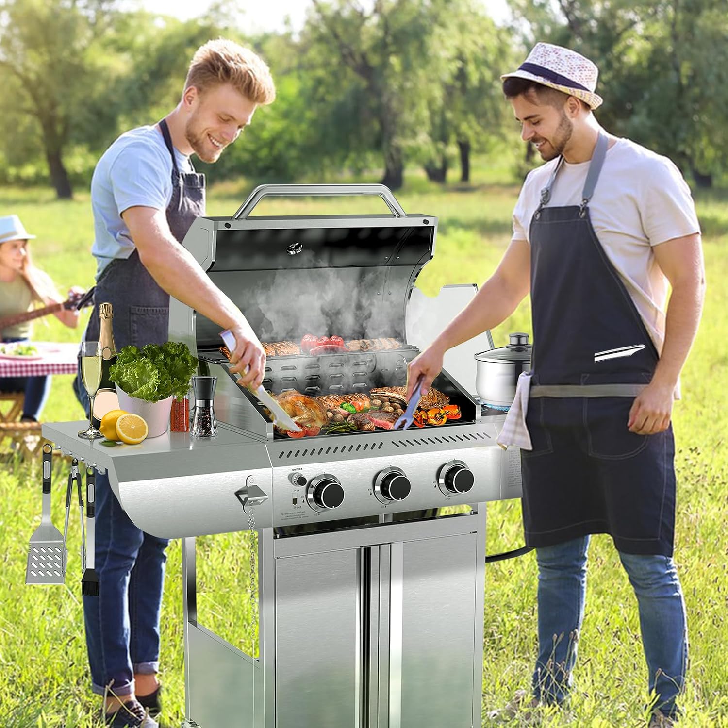 3-Burner Propane Gas Grill with Side Burner – 34,000 BTU Stainless Steel Outdoor BBQ Grill, Cast Iron Grates, Portable with Wheels for Patio, Camping