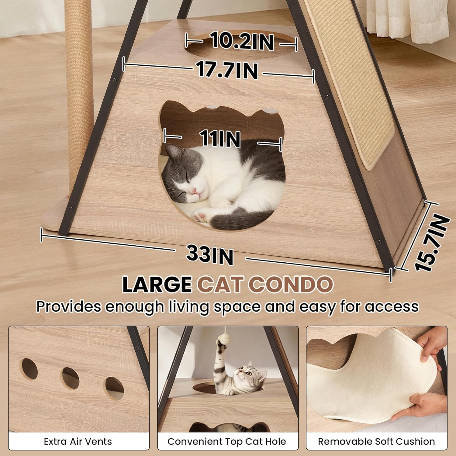 71" Modern Wood Cat Tree for Large Cats - Heavy Duty Tall Cat Tower for Indoor Cats, Multi-Level Cat Furniture with Spacious Condo, Large Perch, Scratching Posts & Hammock(Washed Grey)