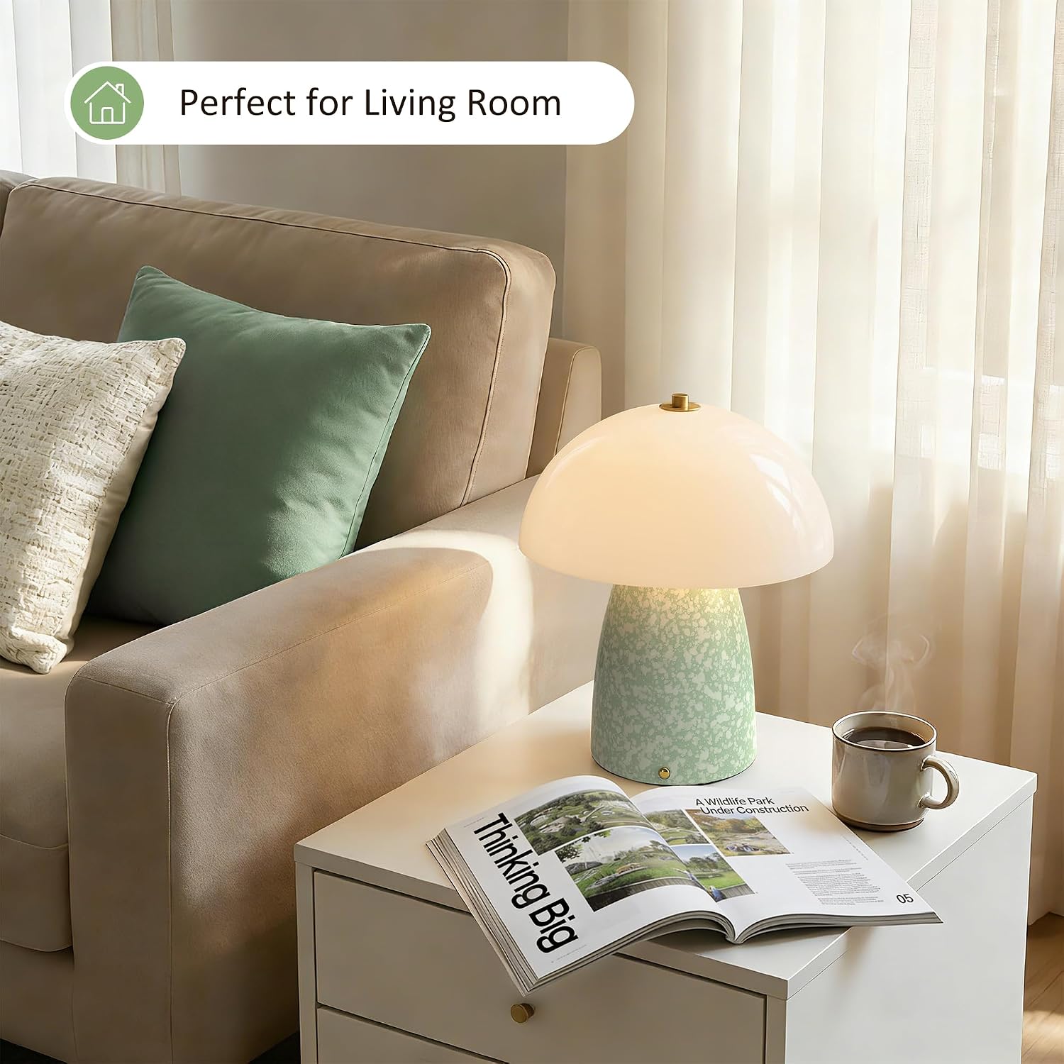 11" Mushroom Table Lamp, Small Ceramic Desk Bedside Lamp with Touch Control 3-Way Dimmable & Glass Shade, Modern Nightstand Lamp for Living Room Bedroom Home Office Crackle Texture Decor-Green