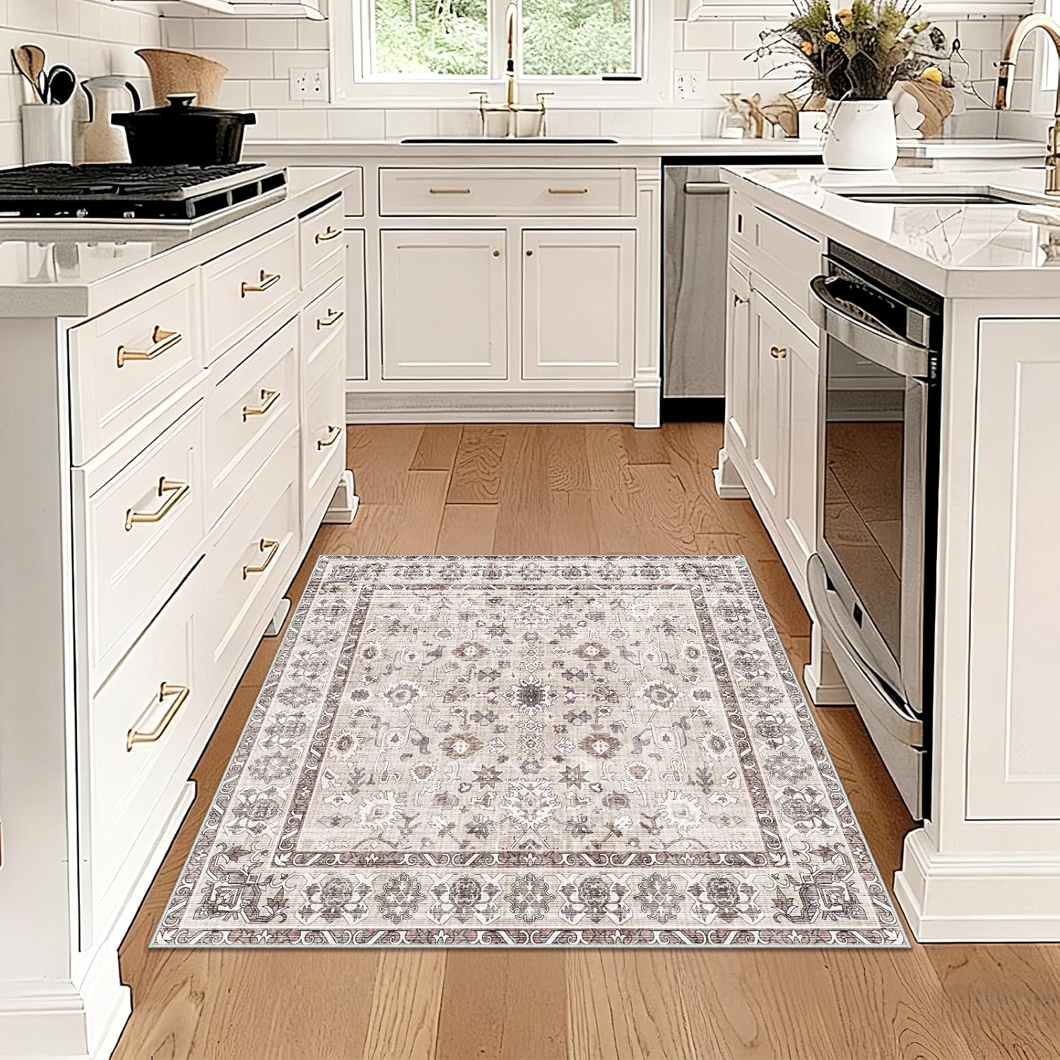 Washable 3x3 Square Rug for Entry Bathroom Kitchen Bedroom Carpet - Non Slip Stain Resistant Low Pile Soft Door mat - Protect Hardwood and Laminate Flooring Floral Farmhouse Decor 3x3 Beige