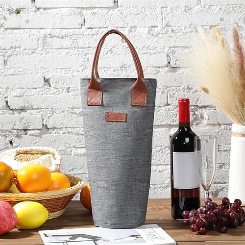 Miniatura 5 de Paquete de 6 bolsas de vino aisladas para una sola botella, enfriador acolchado portátil gris para viajes, picnic, cena, boda y regalos