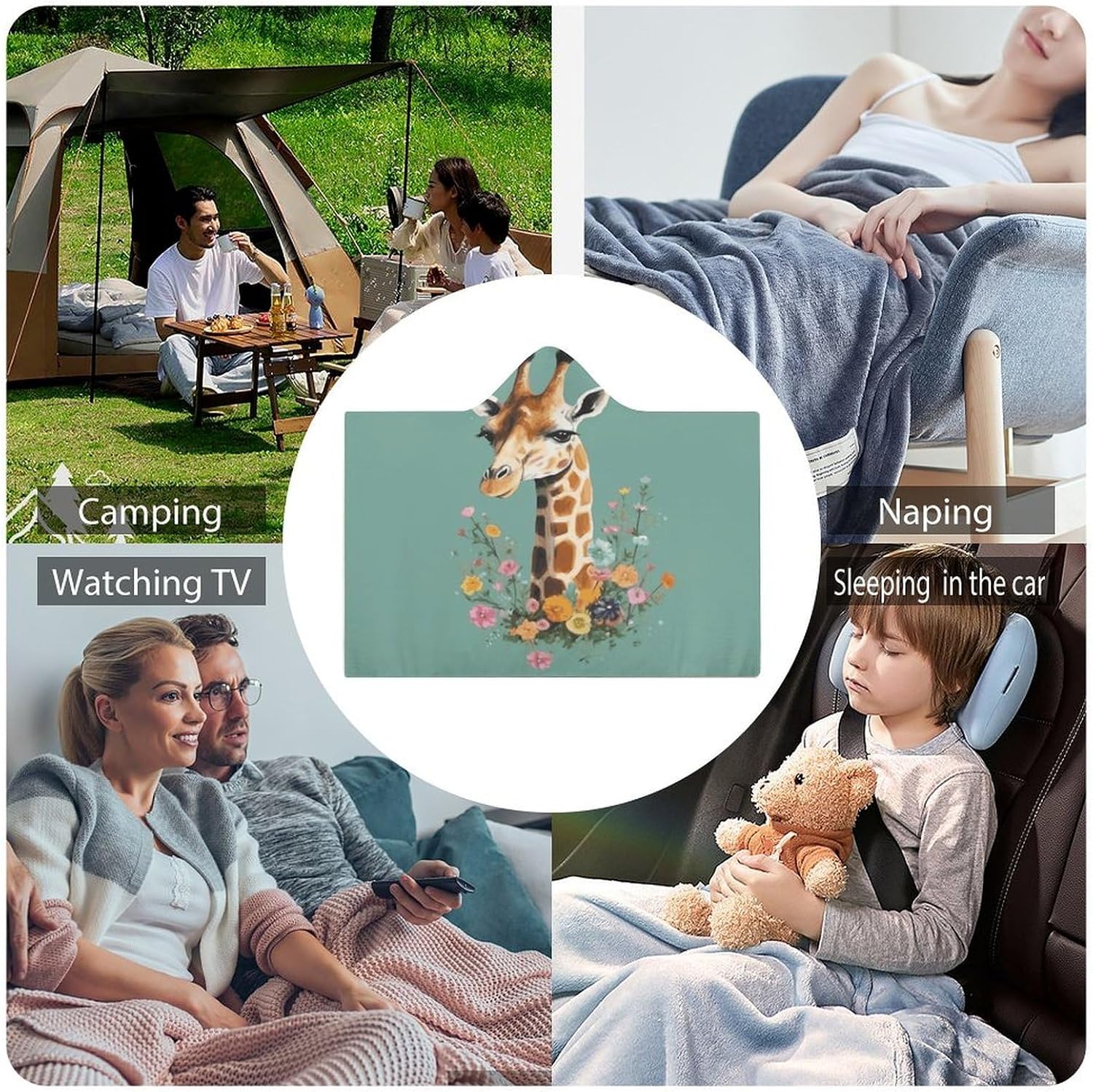 Giraffe with Flowers Hooded Blanket Cozy And Functional,Wearable Blanket Hoodie for Women Men,Blanket Poncho Presents50 x60