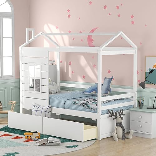 Cama de casa individual, cama individual en forma de casa, base de cama de madera con techo para niños, niñas, adolescentes, no necesita somier,