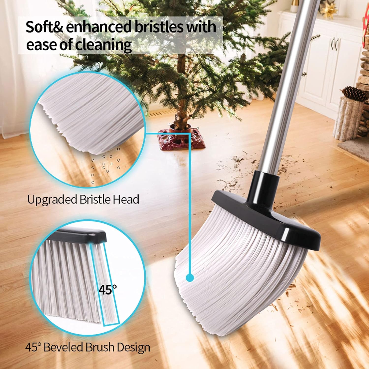 Broom and Dustpan Set Upright Dust Pan and Broom with Combo Self-Cleaning Dustpan Long Handle Stainless Steel Sweep Set for Home, Office, Kitchen, Lobby