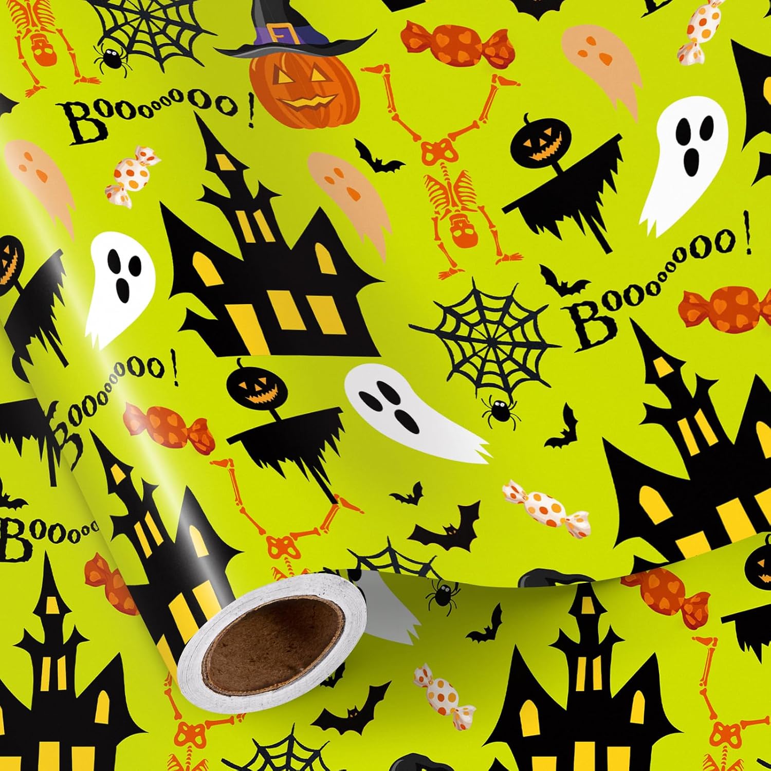 RUSPEPA Halloween Wrapping Paper Roll, Mini Roll, Castle Design with Ghost, Pumpkin, Bat and Spider, Vibrant Green Gift Wrap for Kids Halloween Party and Trick or Treat, 17 Inches x 16.4 Feet