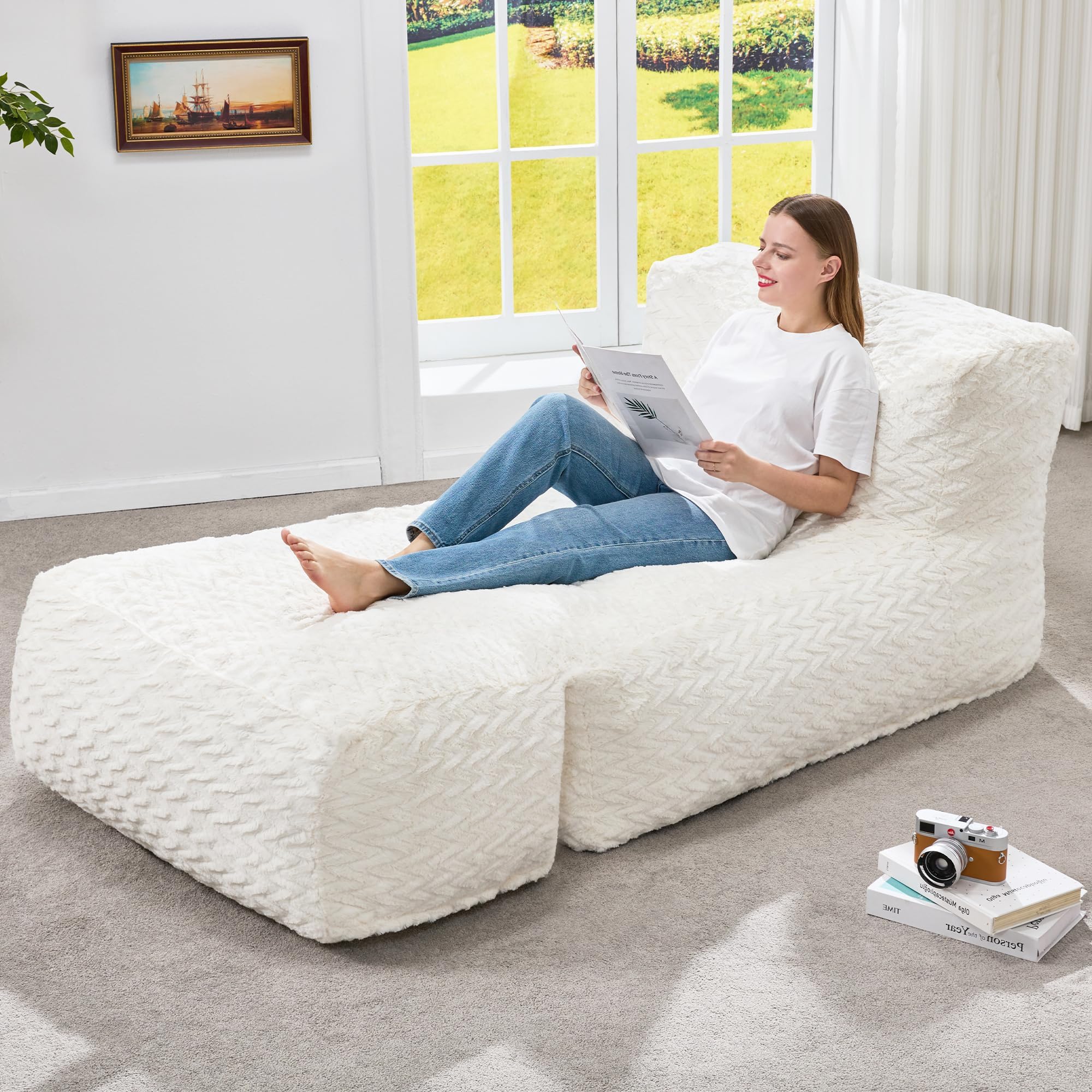 Hobestluk Bean Bag Chair Big Bean Bag Lounger for Adults Bean Bag Couch with Memory Foam Filled for Living Room, Bedroom or Balcony (Chevron Plush White)