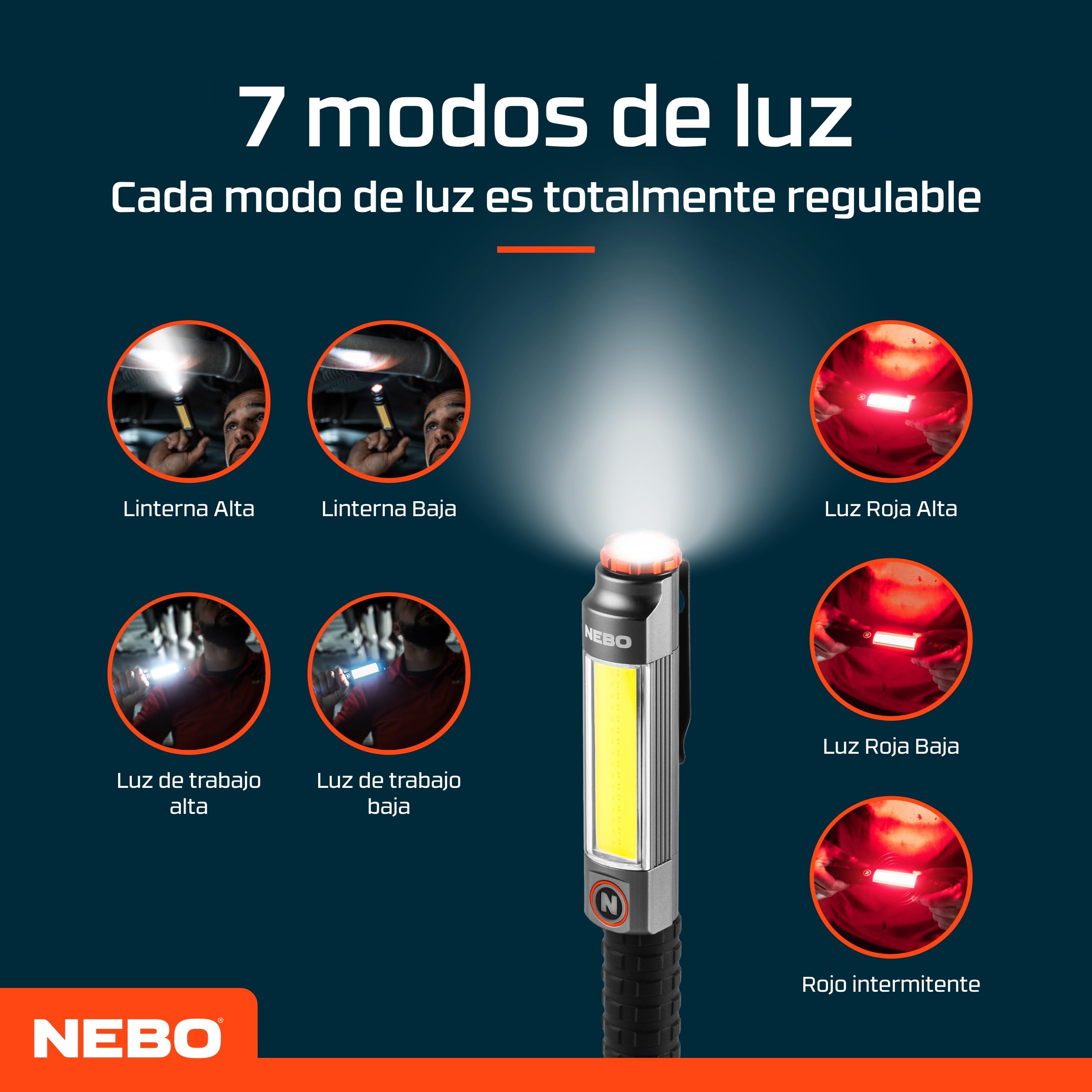 NEBO Big Larry 3 Black Line Luz de Trabajo – 600 Lm COB + 220 Lm Linterna | 7 Modos | Rojo Emergencia | Base Magnética | Clip Acero | Atenuable | Direct-to-Red | IPX4 | 3x AA