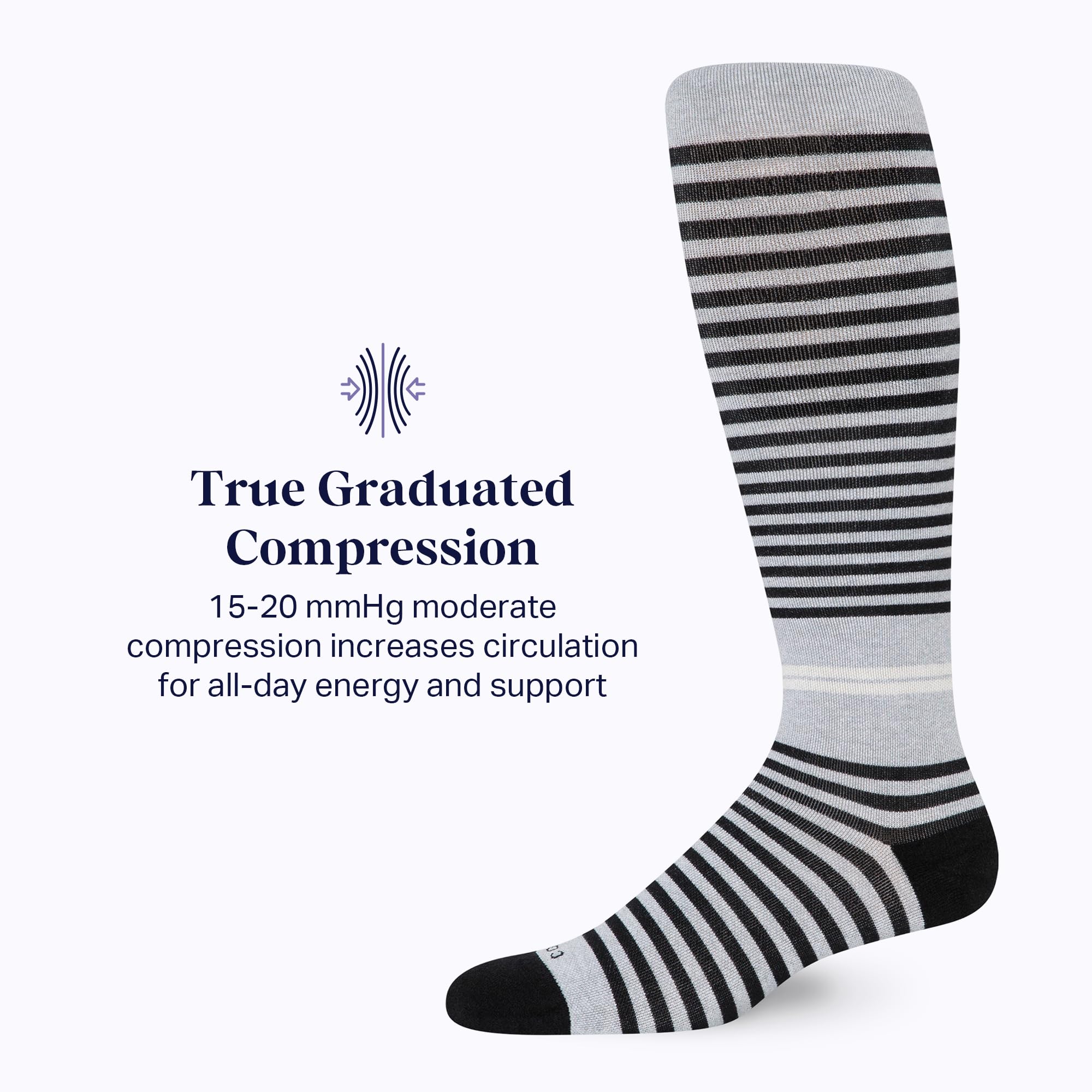Comrad Premium Cotton Knee High Socks - 15-20mmHg Graduated Compression Socks - Soft & Breathable, Unisex: Regular Grey/Black Stripe Medium