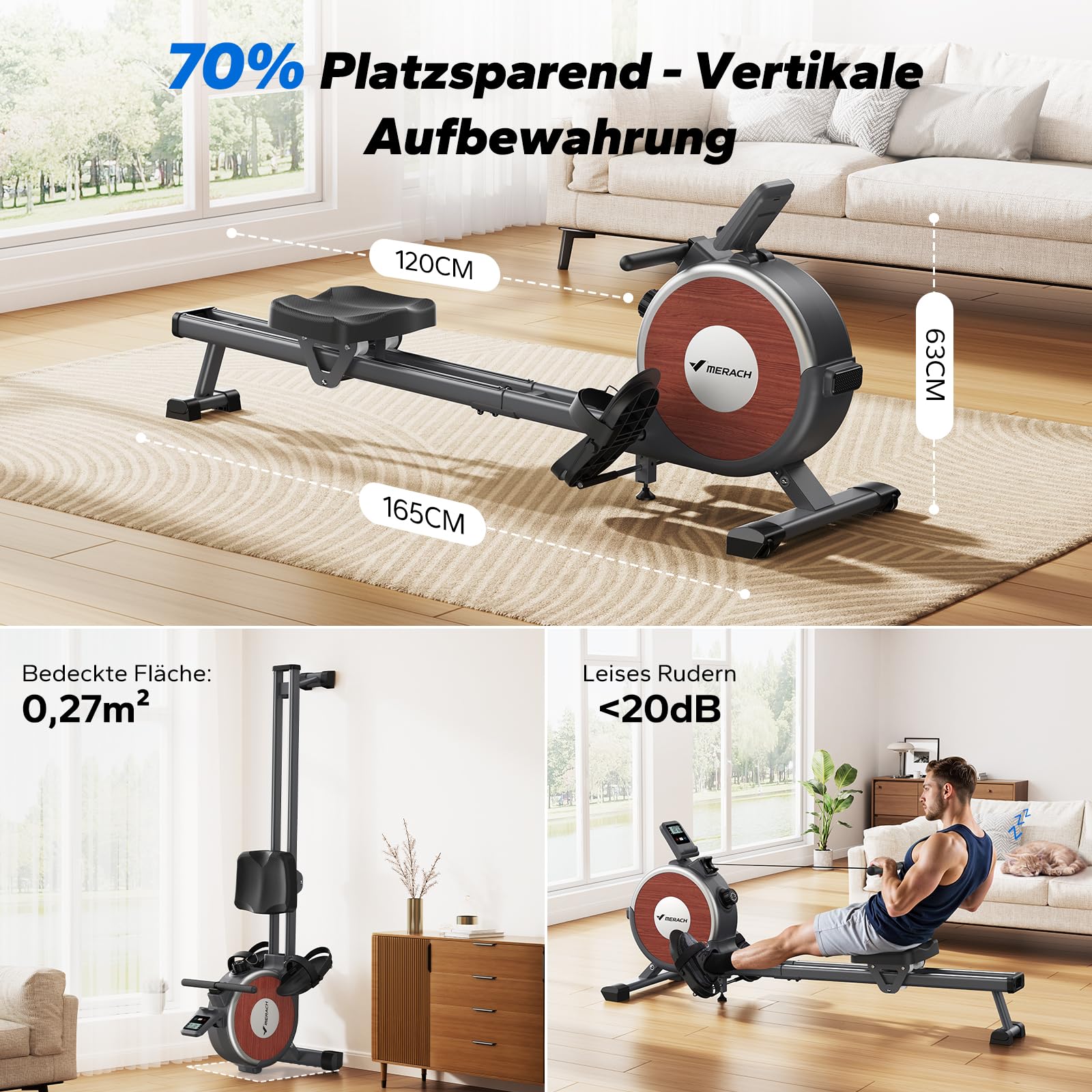 MERACH Rudergerät für Zuhause, 16 Widerstandsstufen, Leises Magnetisches Rudergerät, per App Verbindbar, Verbesserte Doppelschienen für Mehr Stabilität, Einfache Montage (Grau)