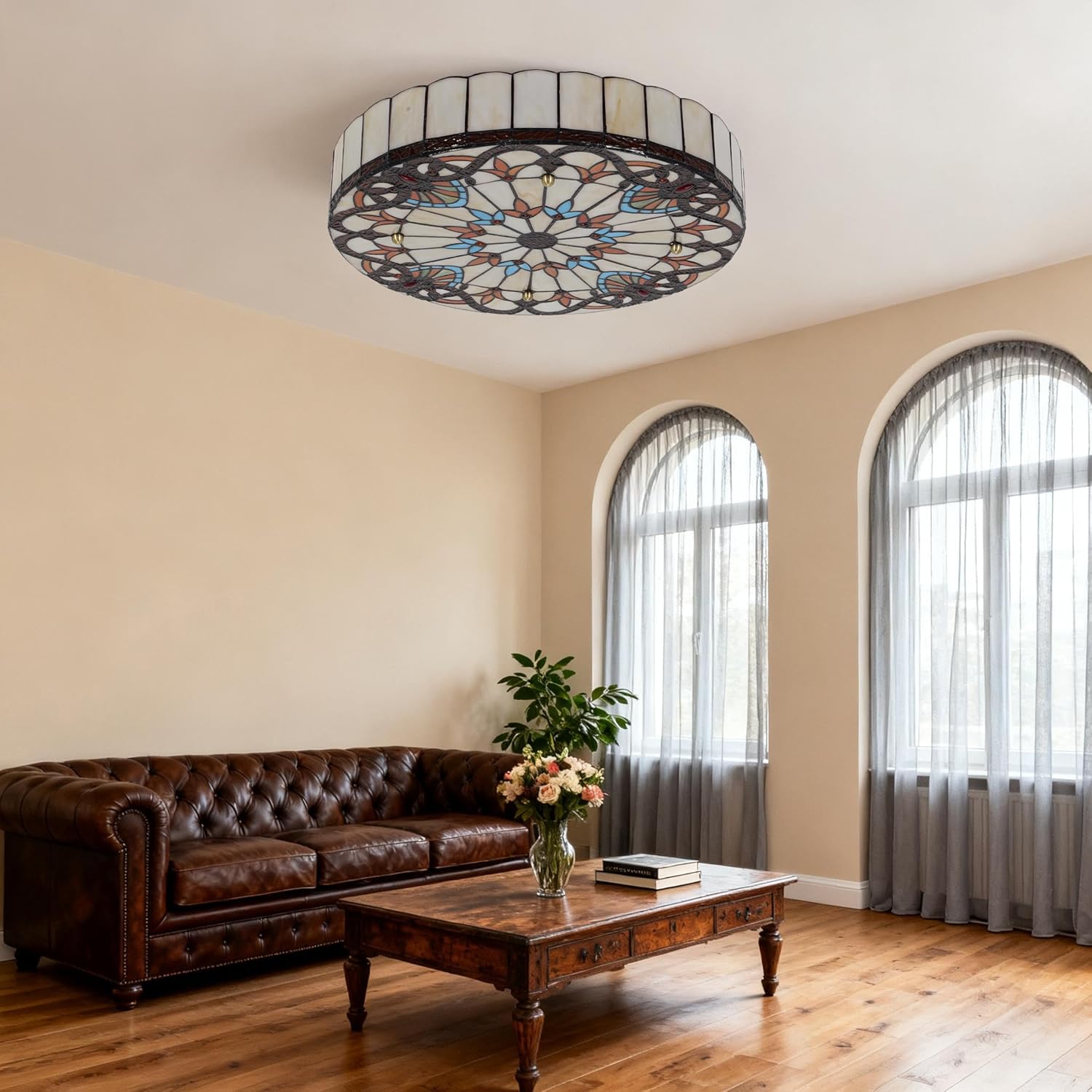 19.7 inch Vintage Style Ceiling Lights 4-Light, Handmade Stained Glass Lampshade Wire Mounting Ceiling Lamps for Living Room Bedroom