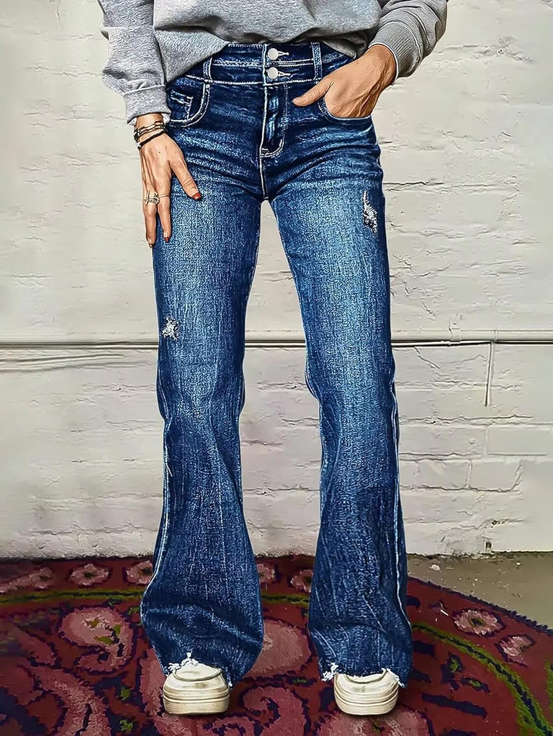 Flamingals Bootcut Jeans for Women Stretchy Mid Rise Double Button Wash Solid 90s Straight Leg Jeans